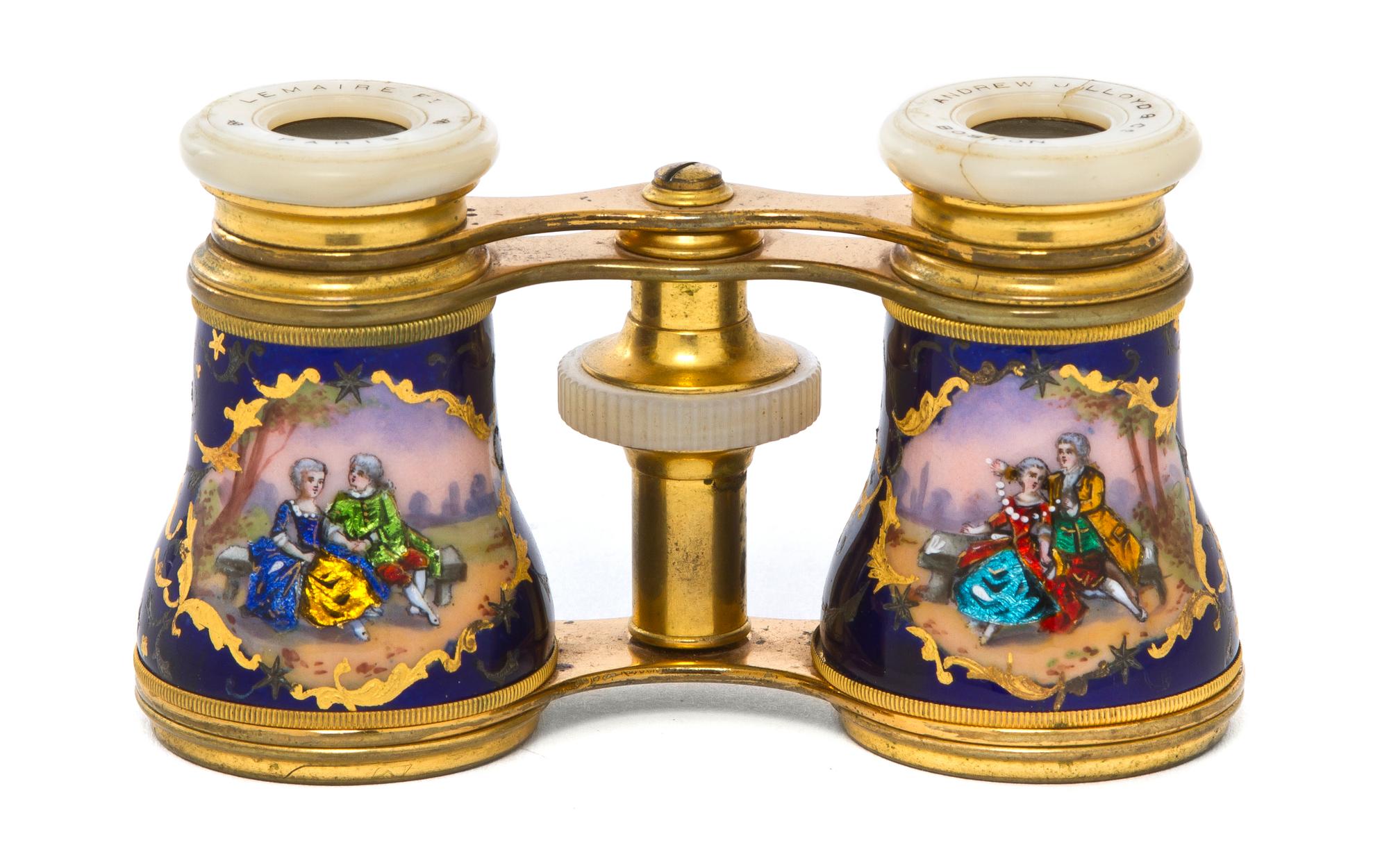 A Pair of French Enameled and Mother-of-Pearl Inset Opera Glasses, Lemaire, Width 3 7/8 inches.