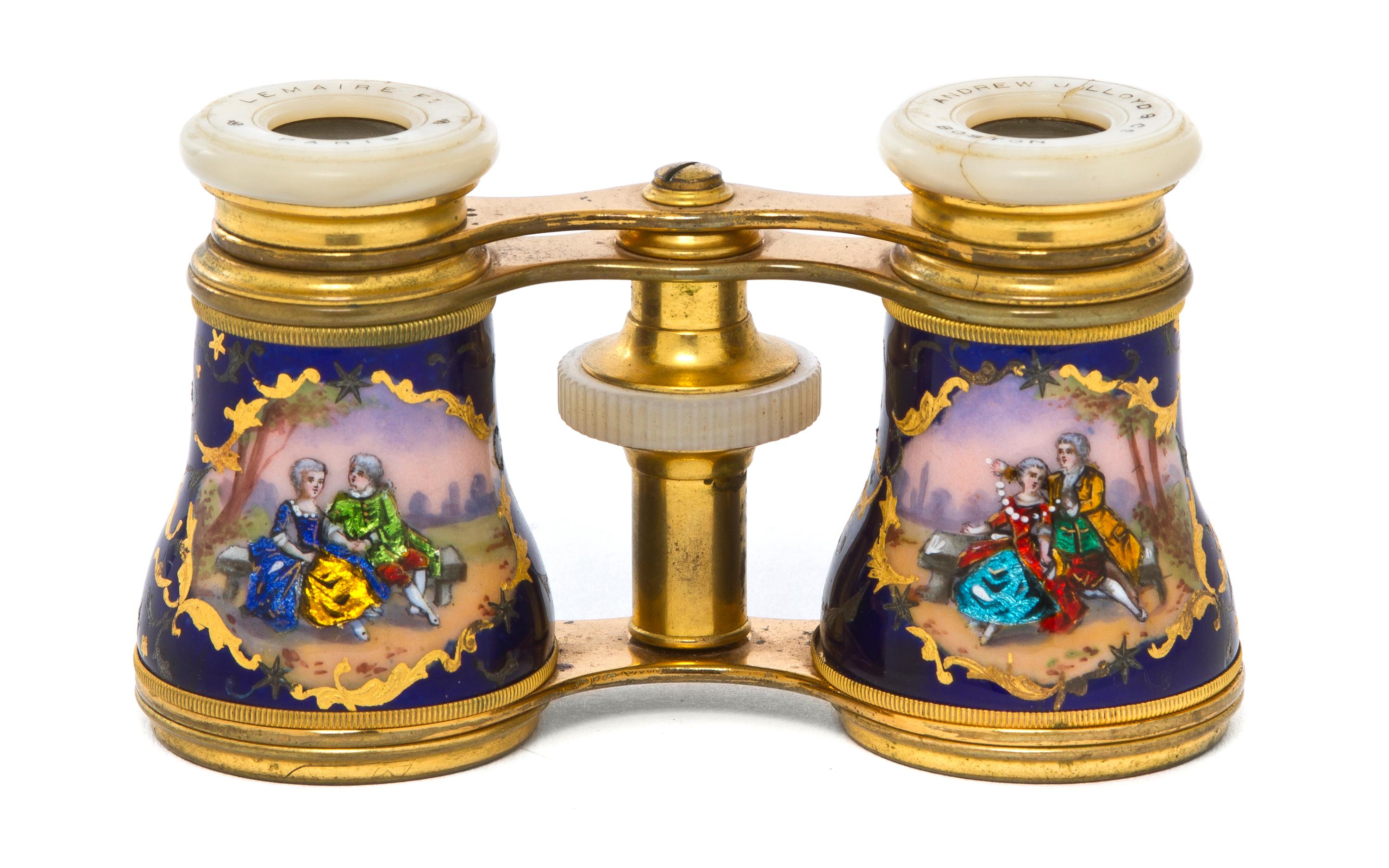 A Pair of French Enameled and Mother-of-Pearl Inset Opera Glasses, Lemaire, Width 3 7/8 inches.