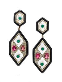 PINK TOURMALINE, EMERALD, DIAMOND, ROCK CRYSTAL, AND BLACK ONYX EARRINGS