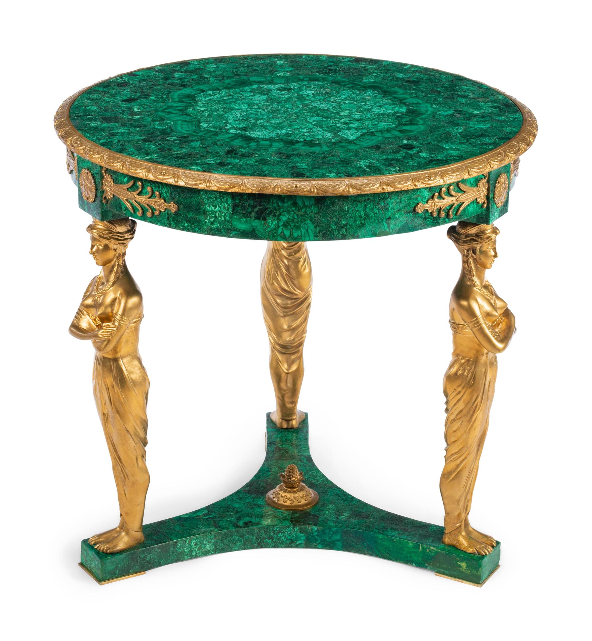 An Empire Style Gilt Bronze Mounted and Malachite Veneered Guéridon