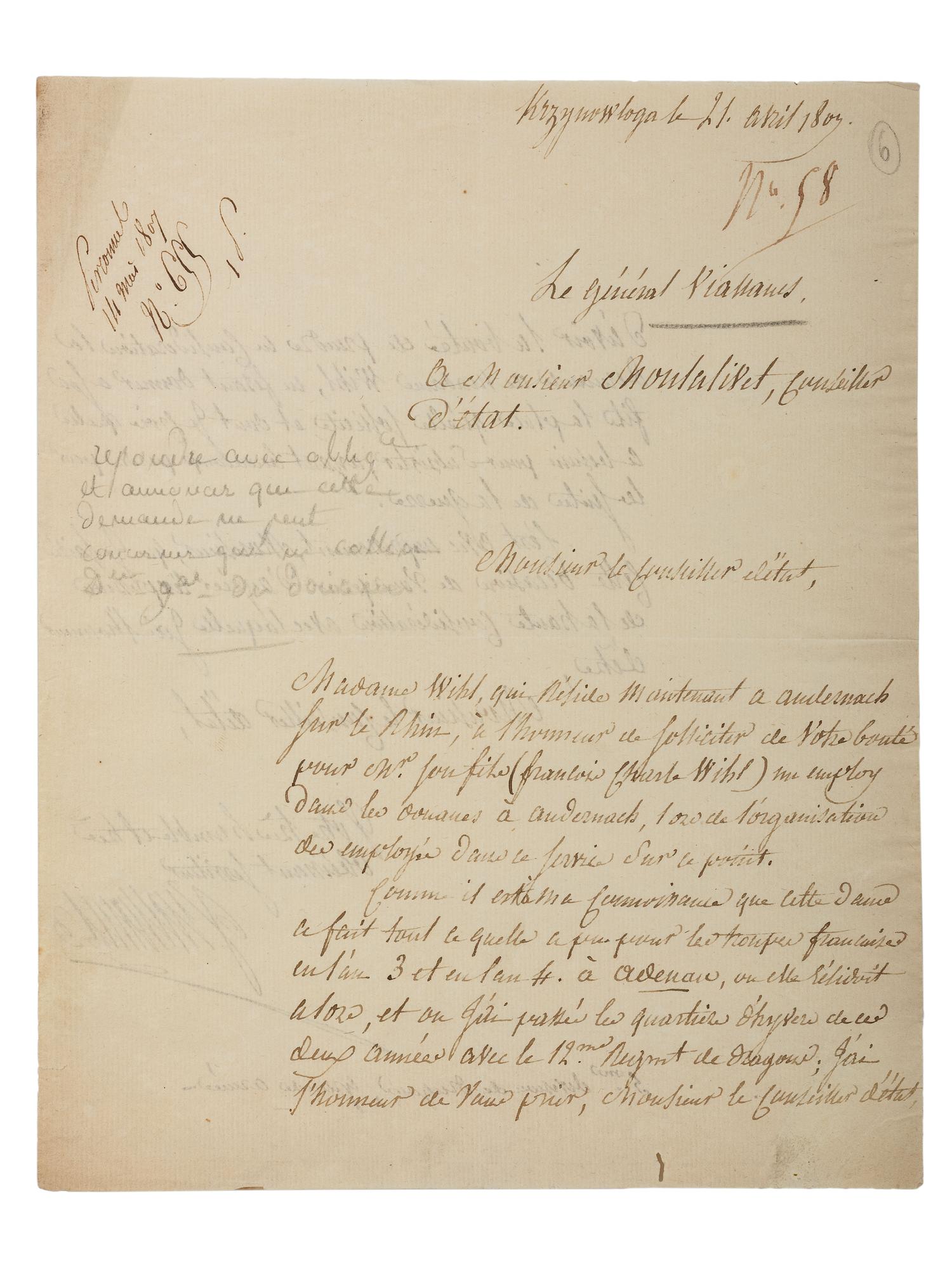 [MANUSCRIPTS - NAPOLEONIC]. A group of 2 letters in French, related to Jean-Baptiste Viallanes and Claude-Pierre Pajol.