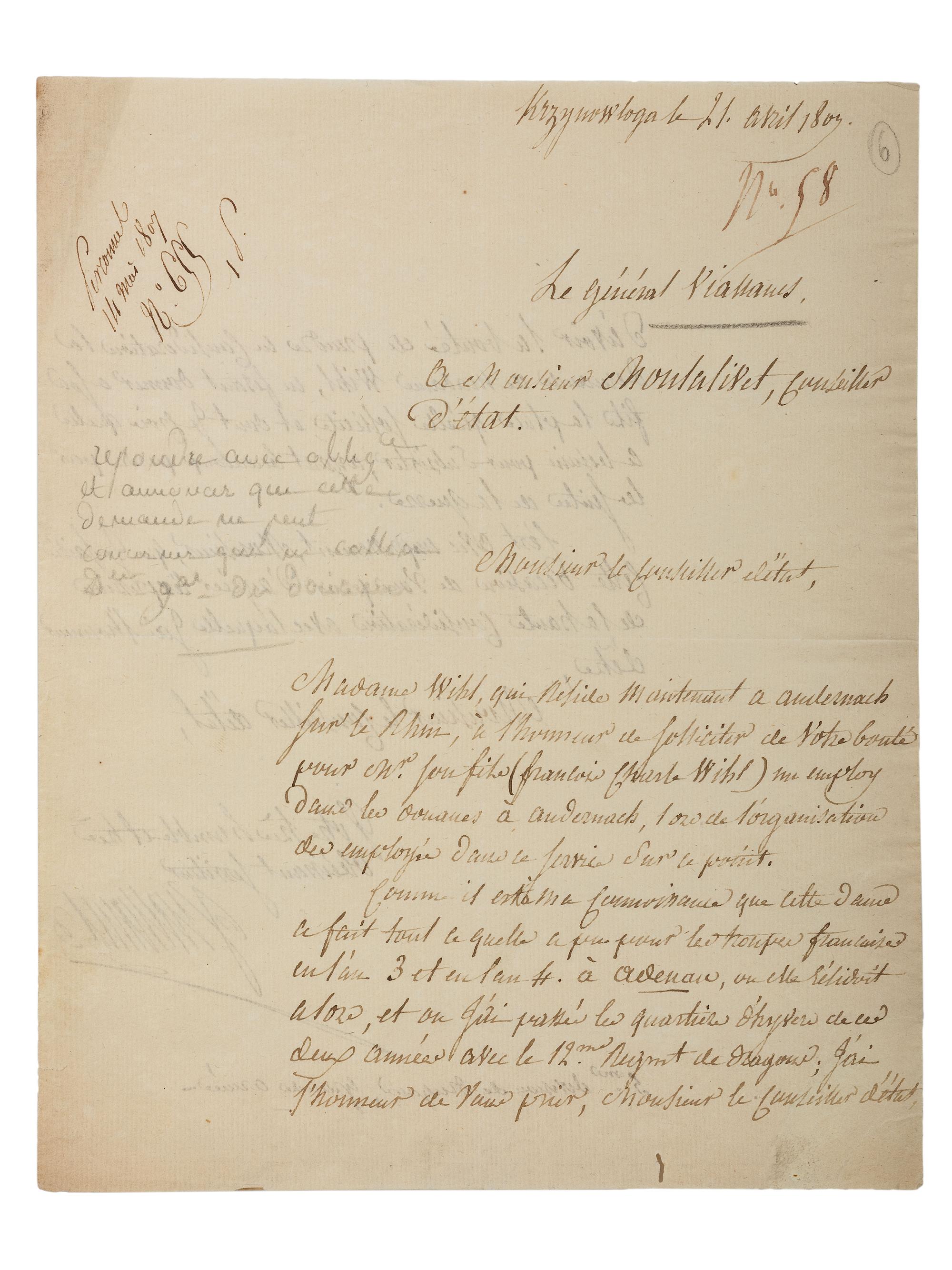 [MANUSCRIPTS - NAPOLEONIC]. A group of 2 letters in French, related to Jean-Baptiste Viallanes and Claude-Pierre Pajol.