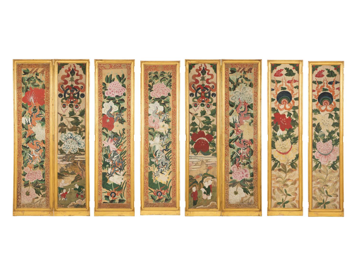 A Set of Eight Gilt Framed Chinese Wallpaper Panels