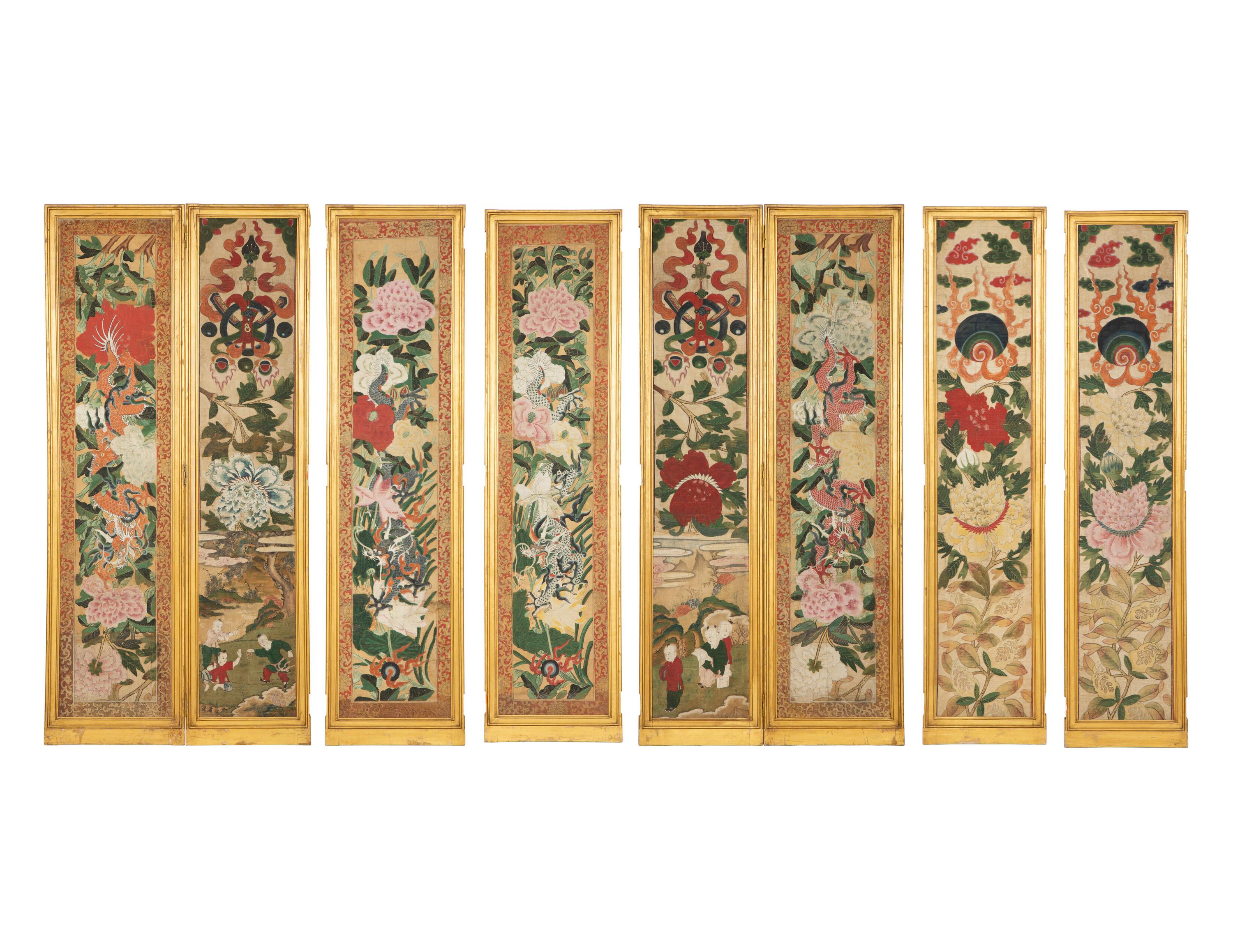 A Set of Eight Gilt Framed Chinese Wallpaper Panels