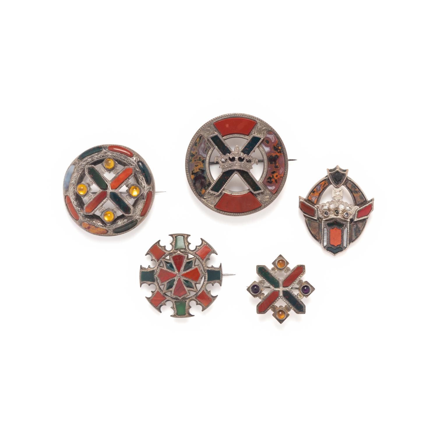 Five Antique Scottish Agate & Silver Brooches