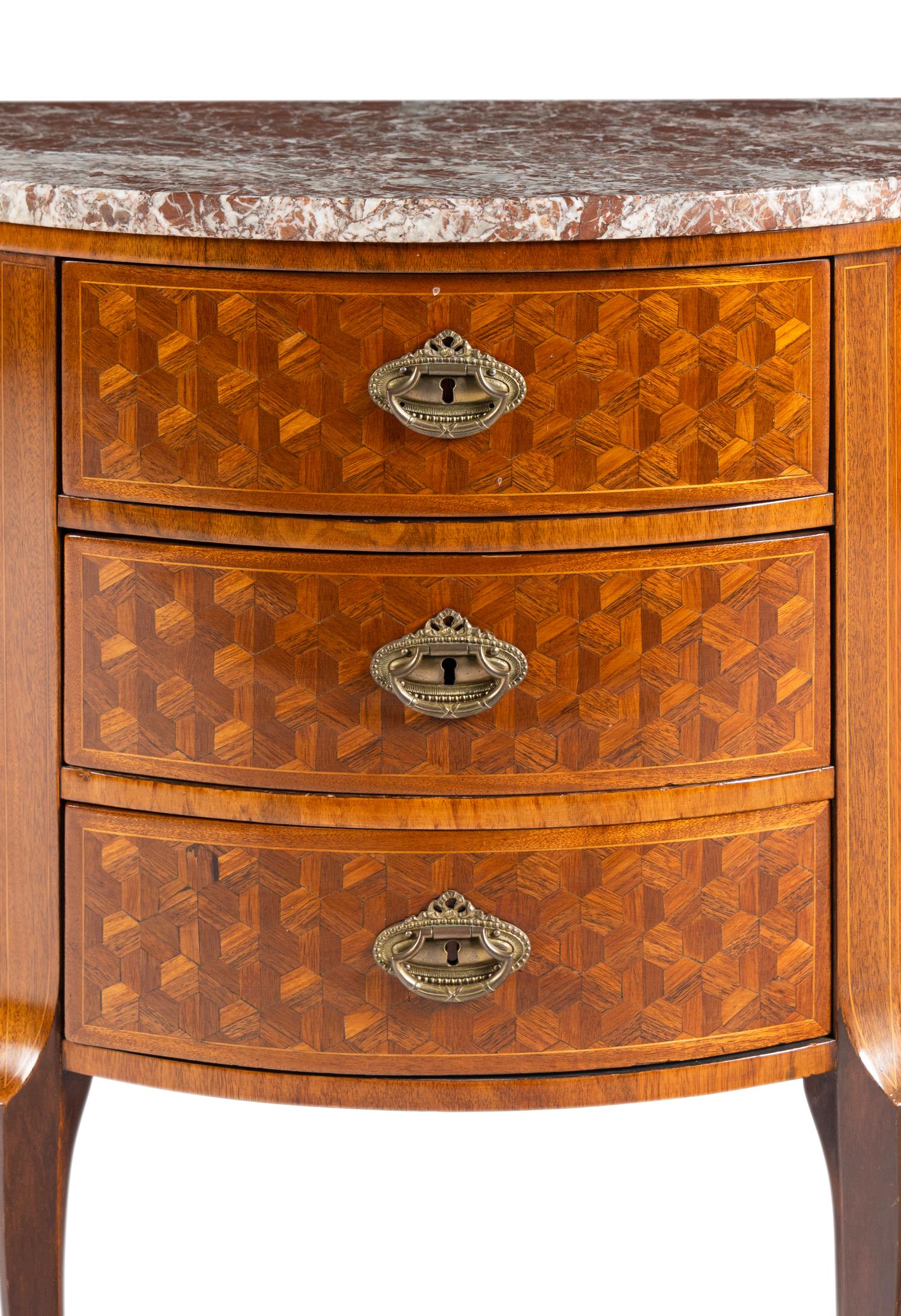 A Pair of Louis XV/XVI Transitional Style Parquetry Marble-Top Demilune Commodes