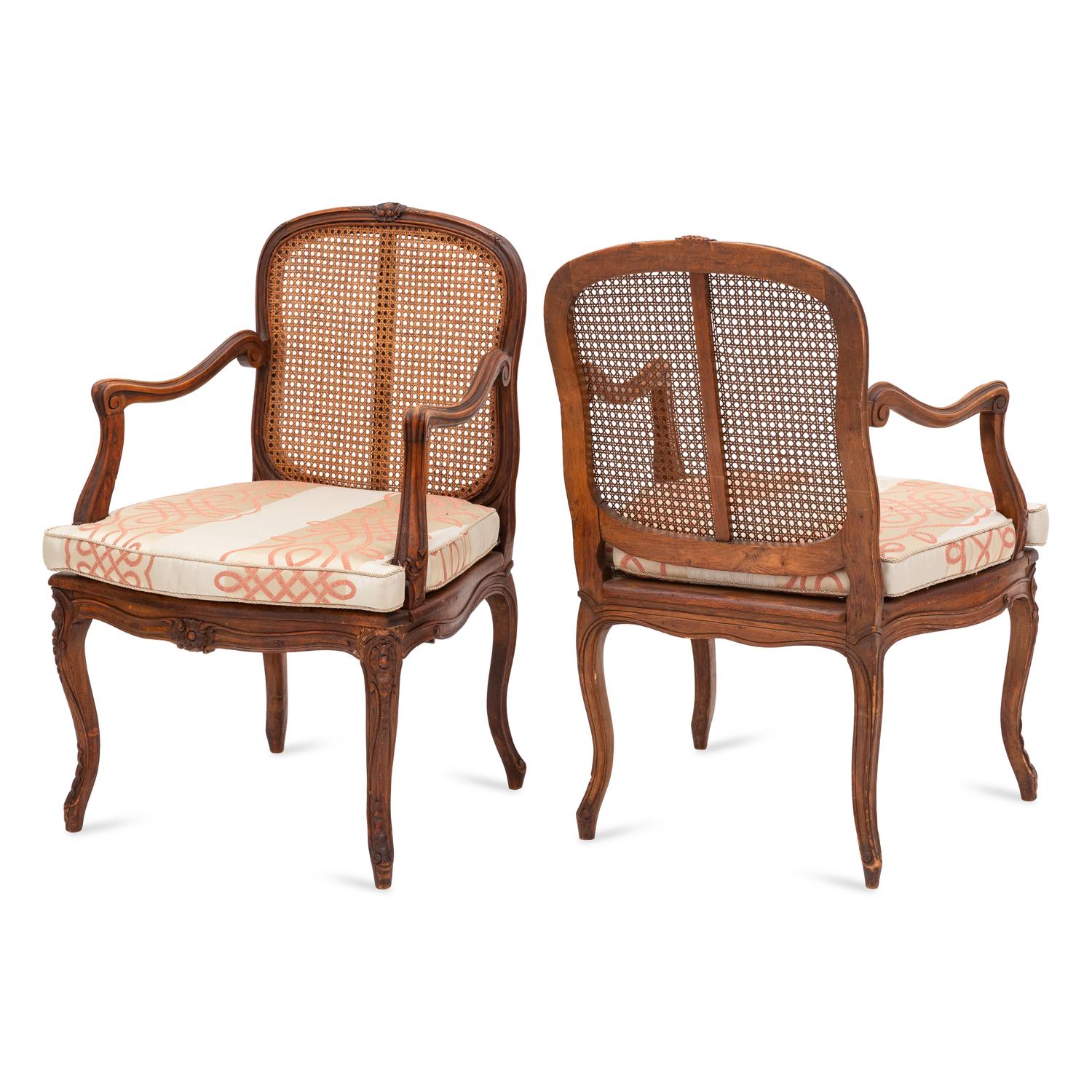 A Pair of Louis XV Style Cane Upholstered Fauteuils
