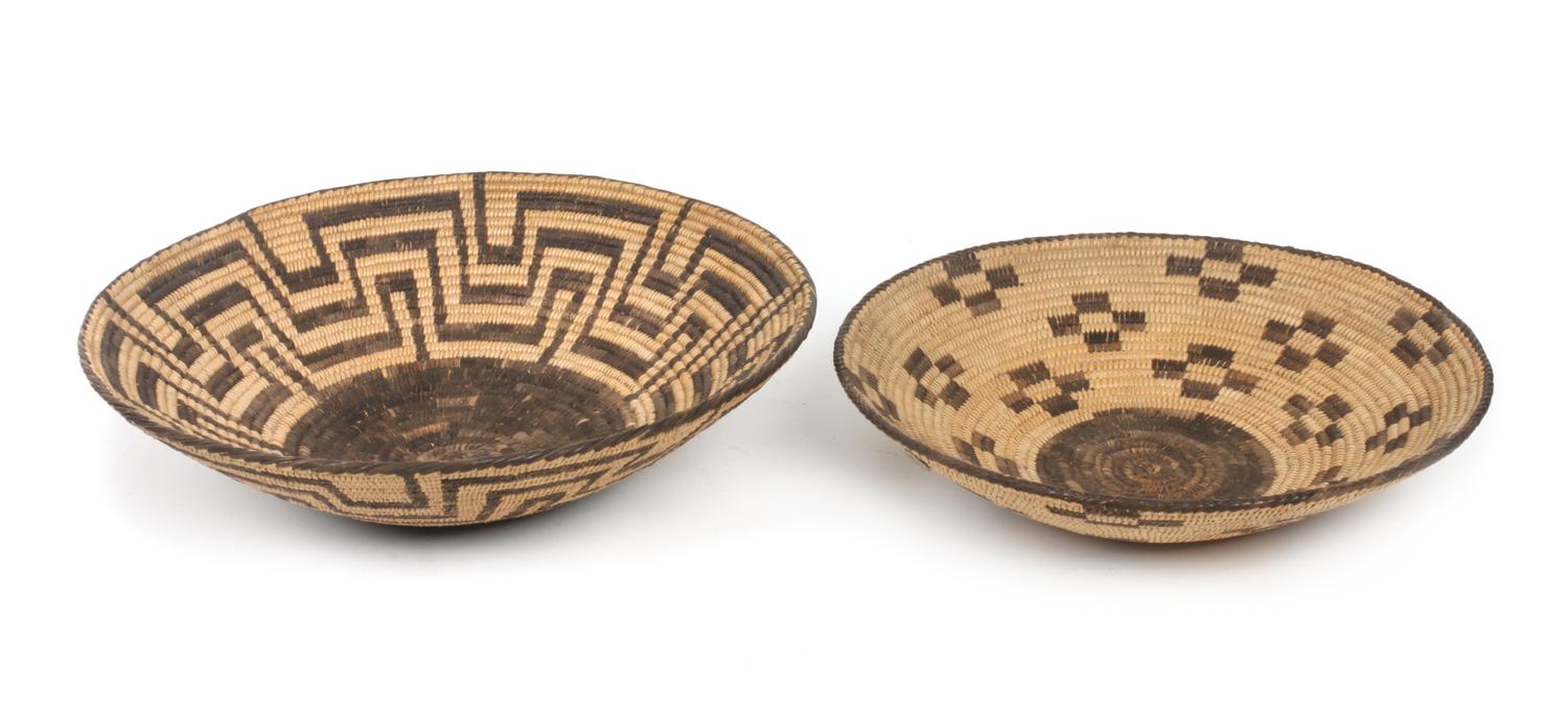 Two Pima Basket Bowls Height 4 x diameter 14 3/4 inches.