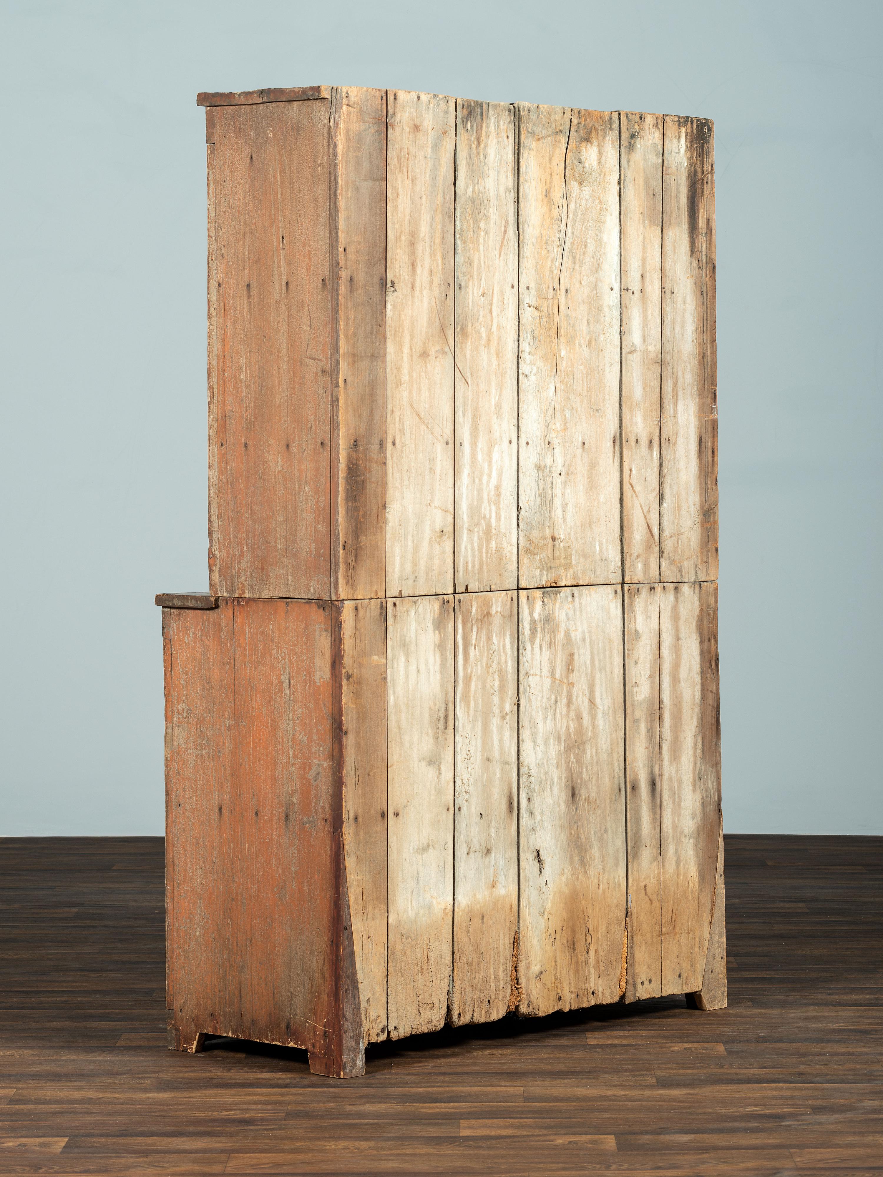 A Country Red and Yellow Painted Poplar and Cherrywood Step-Back Cupboard