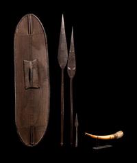 A Ngombe Wicket Shield with Three Spears and a Mbiu Horn