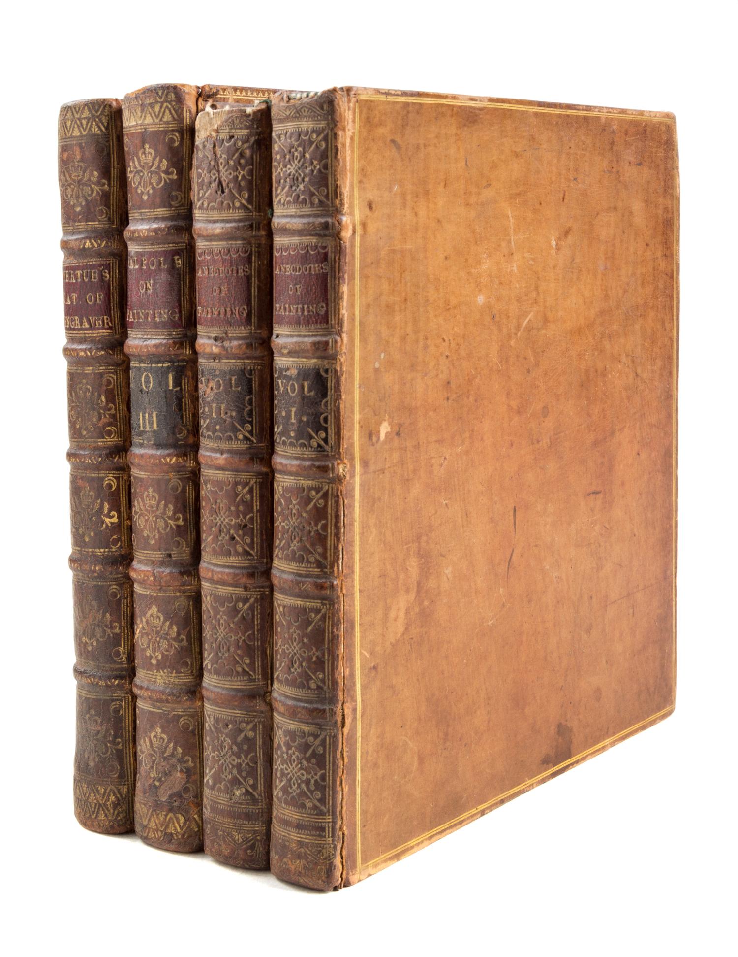 WALPOLE, HORACE. Anecdotes of Painting in England. Strawberry Hill, 1762-1763. 3 v. w/Catalogue (4 total)