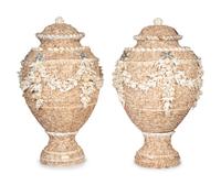 A Pair of Shell-Encrusted Baluster-Form Urns and Covers