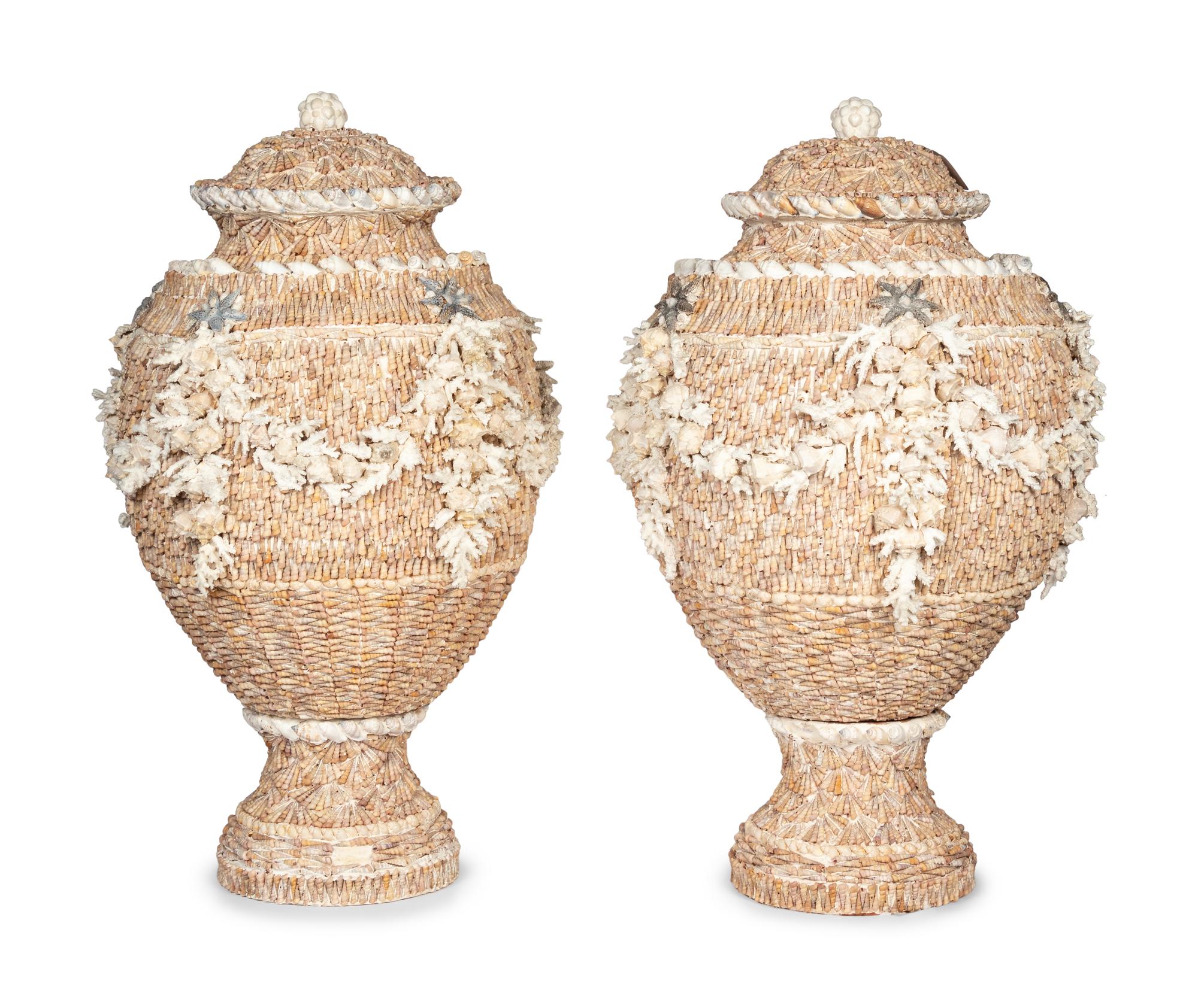 A Pair of Shell-Encrusted Baluster-Form Urns and Covers