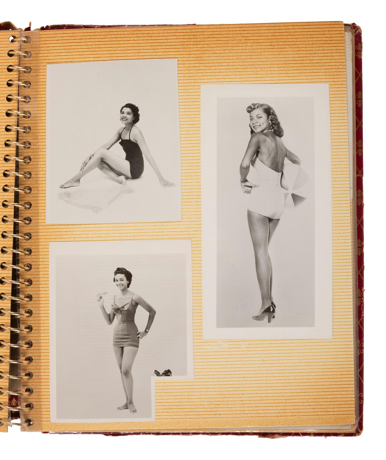 [EARLY PHOTOGRAPHY]. Photograph album containing modeling portraits and headshots of African American men and women incl. Trudy Daniels Haynes and Mexican actress Lourdes "Lulu" Guerrero. Ca 1950s-1960s.