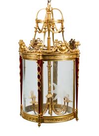 A Pair of Louis XVI Style Gilt Bronze and Mahogany Hall Lanterns