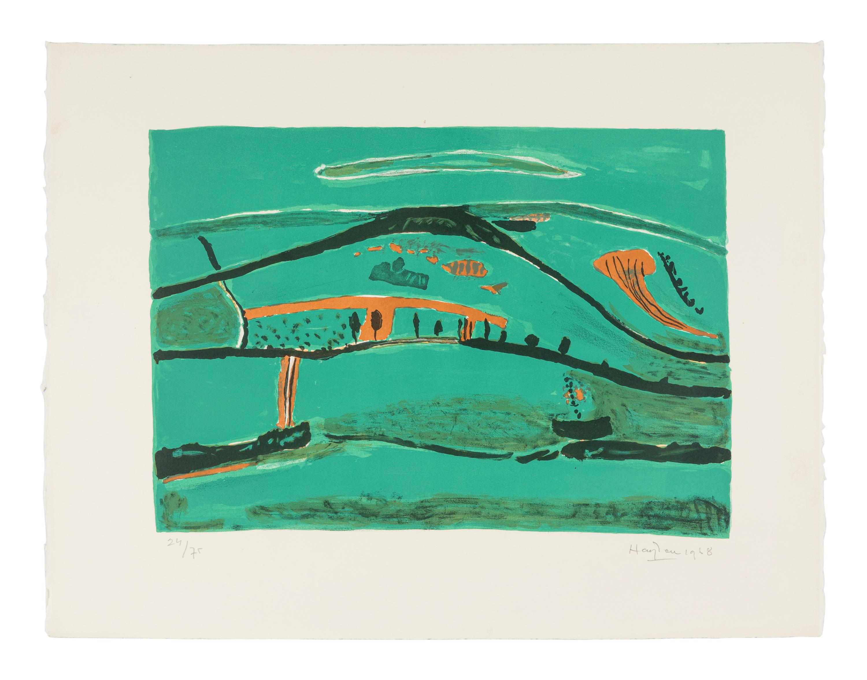 A Group of Four Prints (Bouteille et Fruits; Paysage Vert; Thiere Rouge Et Bleu; La Colline Rouge) , 1968