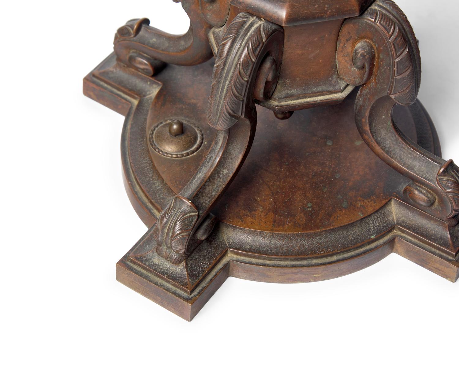 A Large Renaissance Revival Bronze Table Lamp with Stained Glass Shade