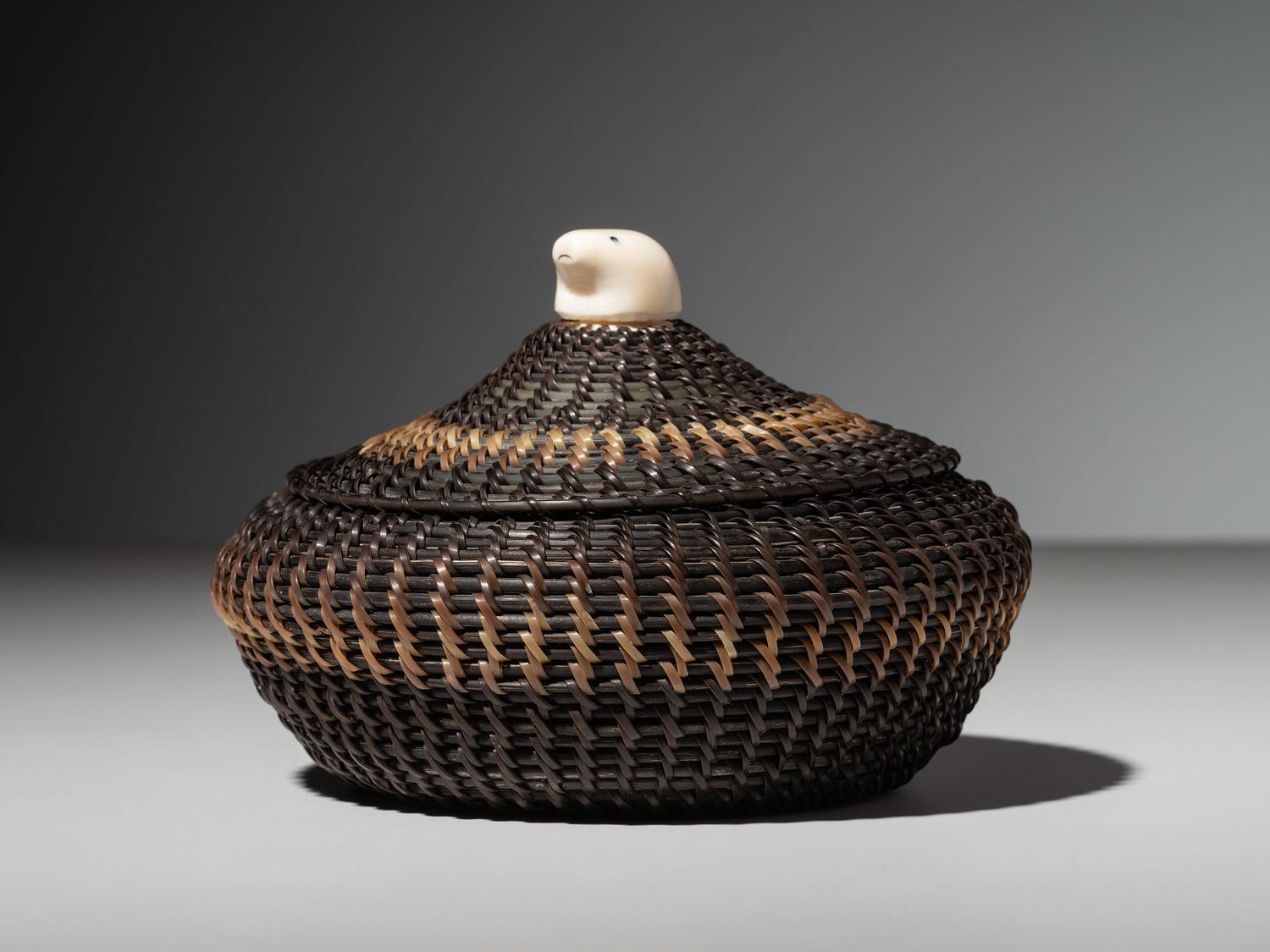 Alaskan Native Baleen Basket, with Walrus Finial