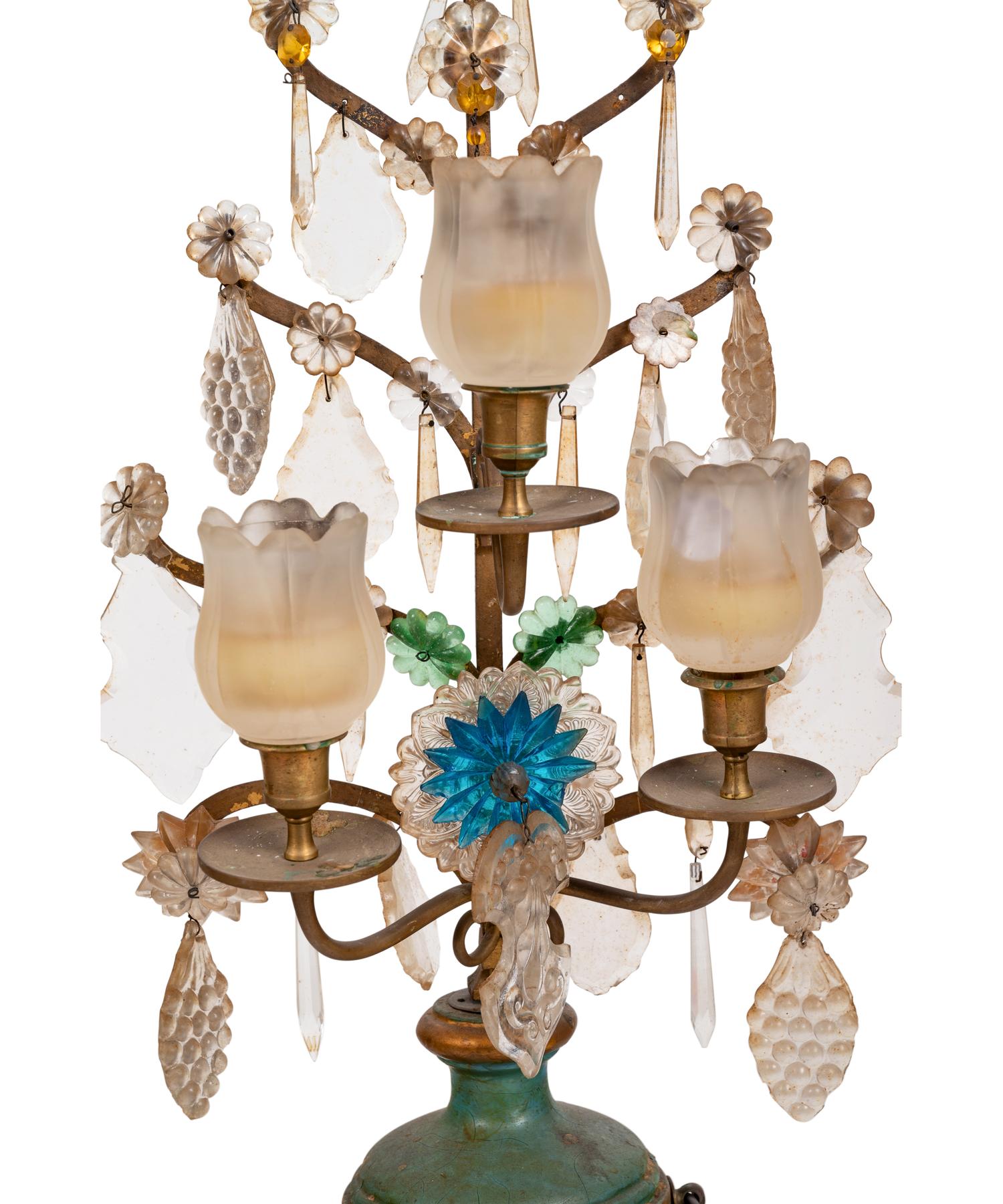 A Pair of Italian Painted Wood and Glass Three-Light Candelabra