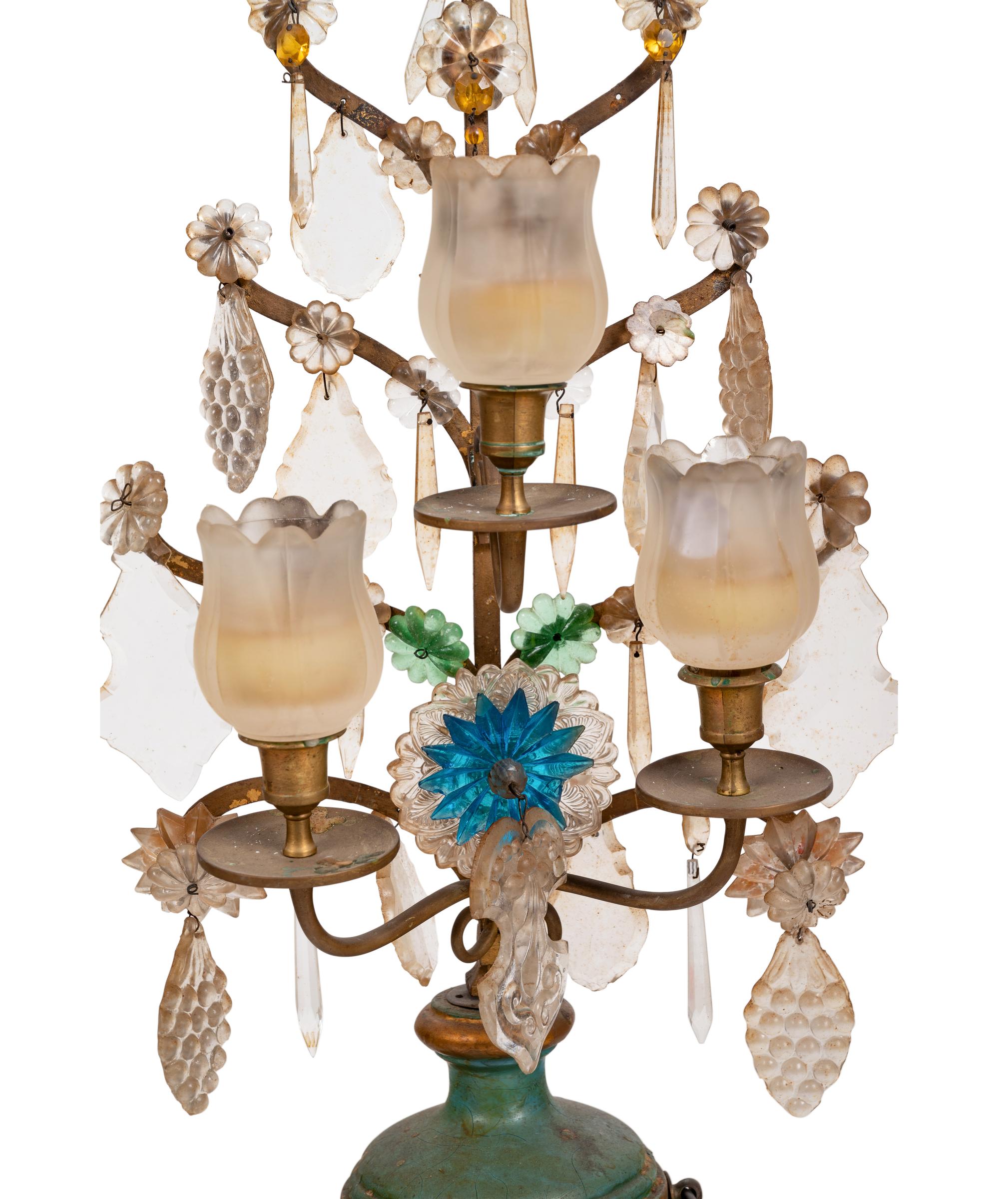 A Pair of Italian Painted Wood and Glass Three-Light Candelabra