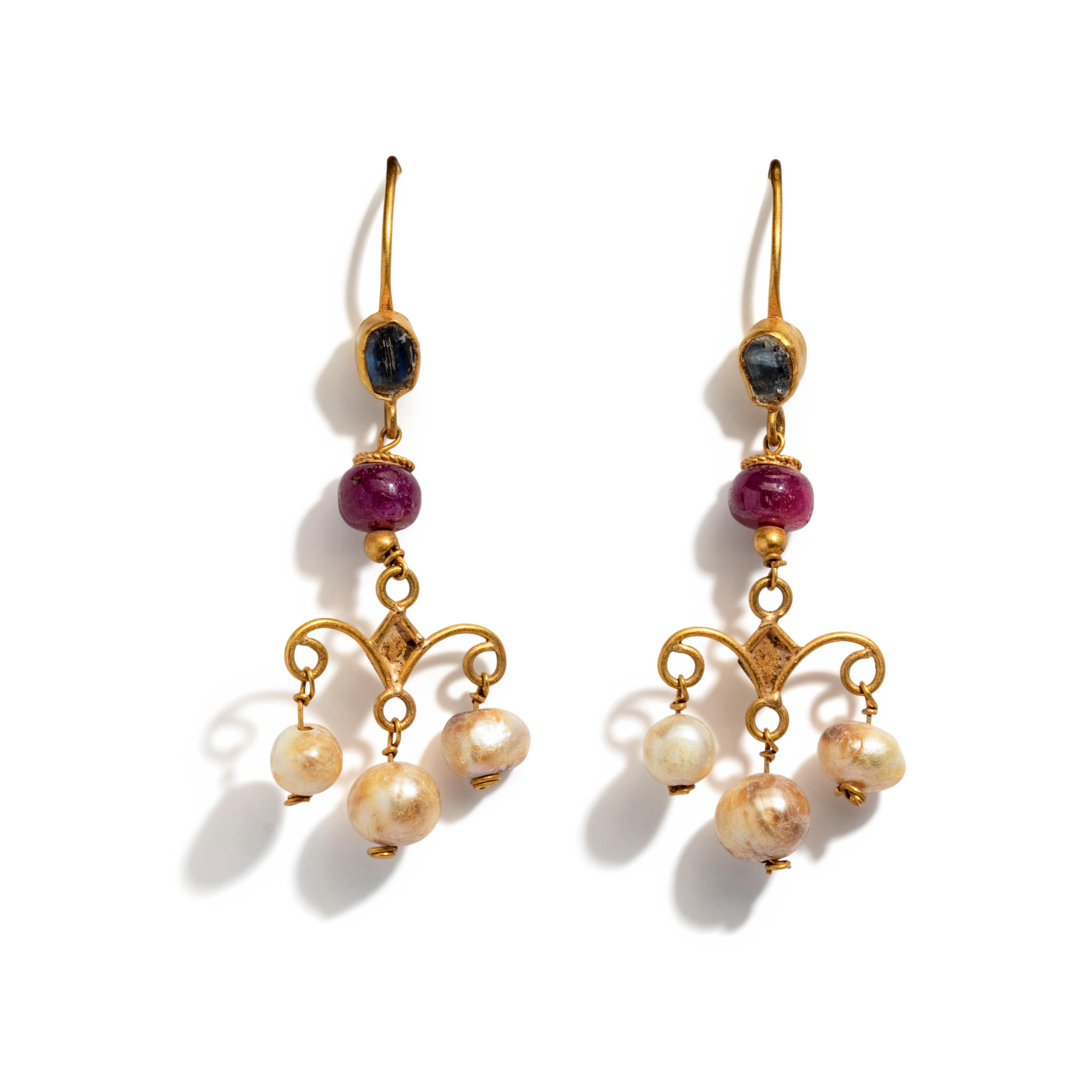 A Pair of Byzantine Gold, Pearl, and Glass Earrings
