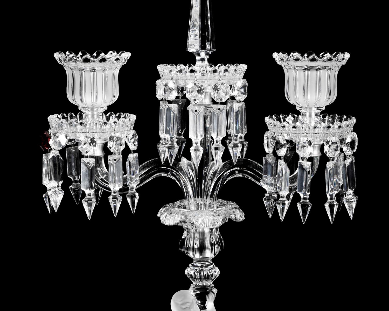 A Pair of Baccarat Etched and Molded Glass Figural Two-Light Candelabra