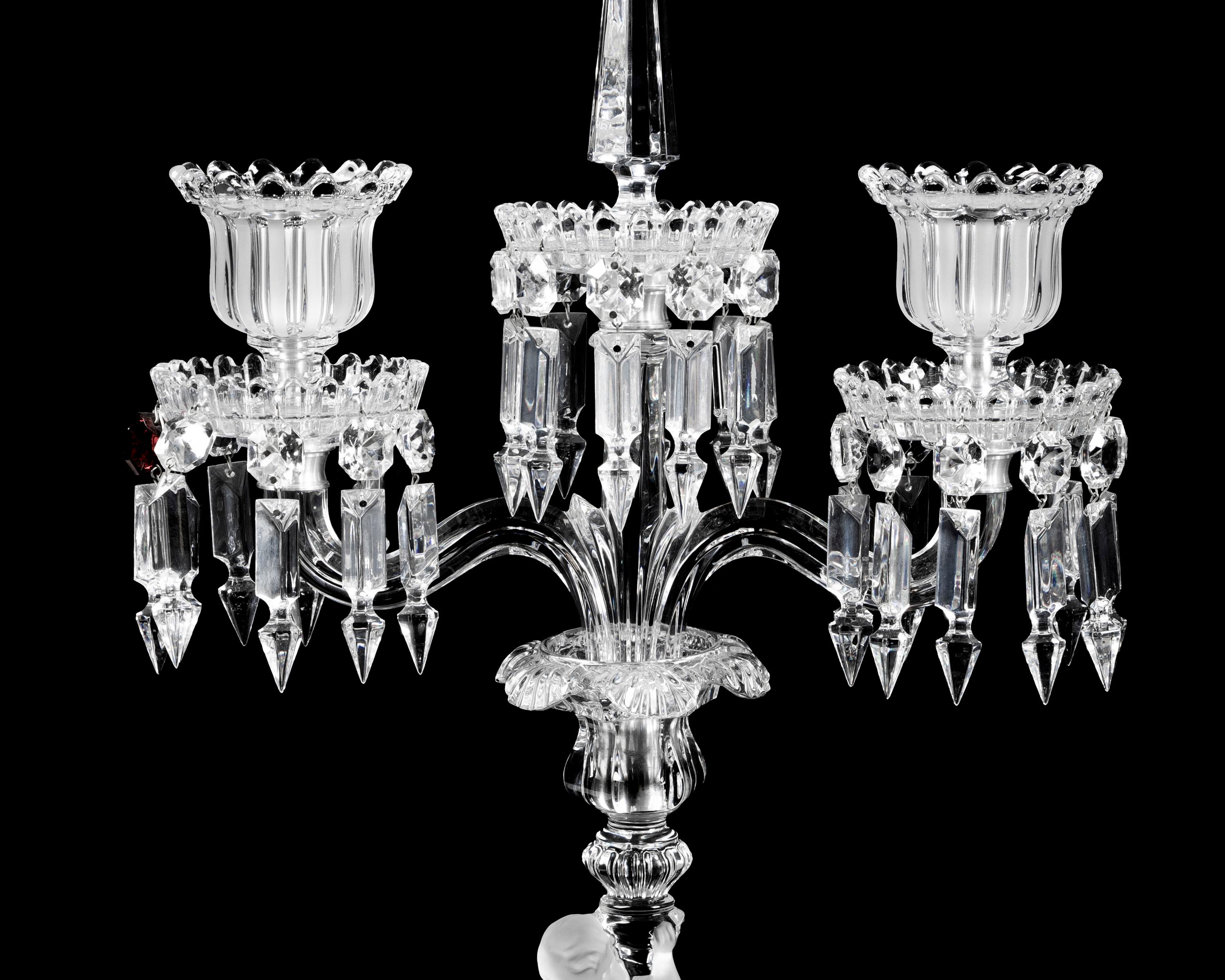 A Pair of Baccarat Etched and Molded Glass Figural Two-Light Candelabra