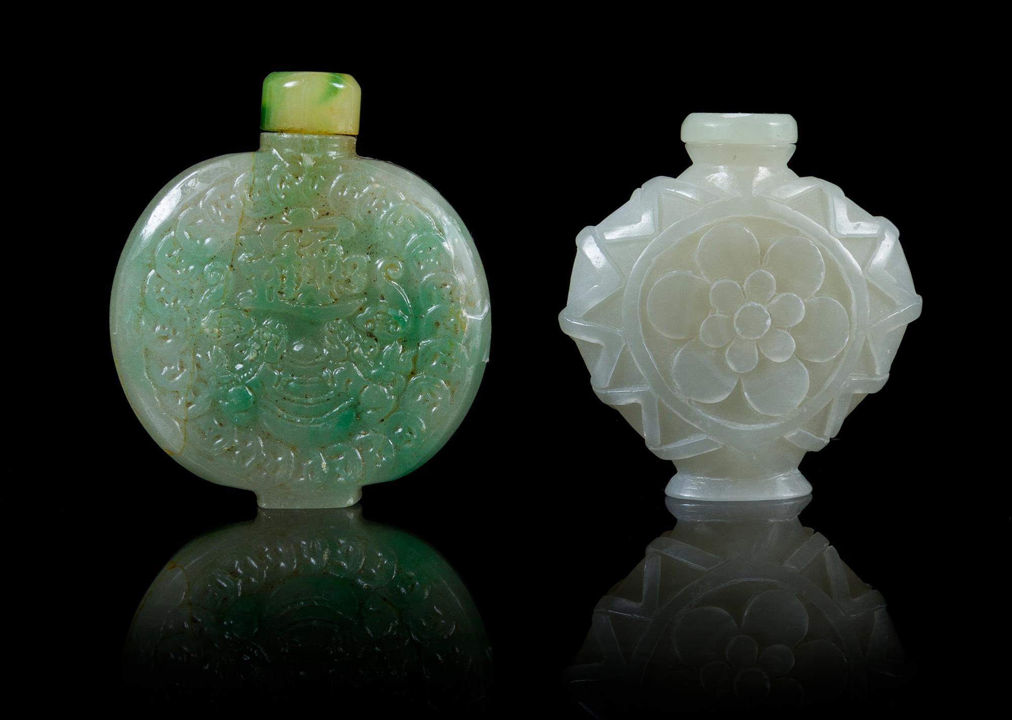 Two Carved Snuff Bottles Height of taller 2 1/2 inches.