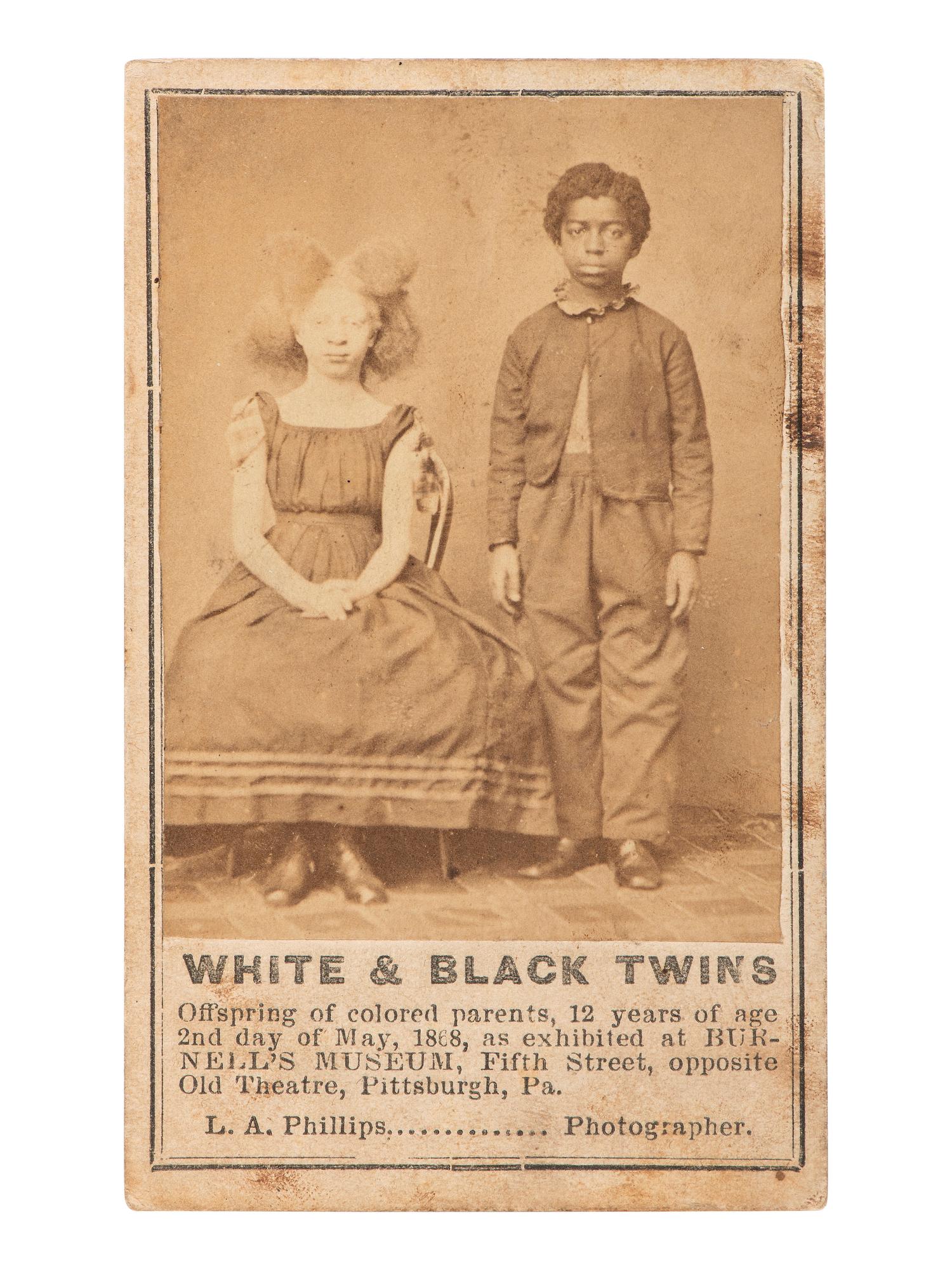 [AFRICAN AMERICANA - EARLY PHOTOGRAPHY]. White and Black Twins . CDV of Hellen Ann Windman Walker and Henry Sedam Walker. Pittsburgh, PA: L.A. Phillips, 1868.