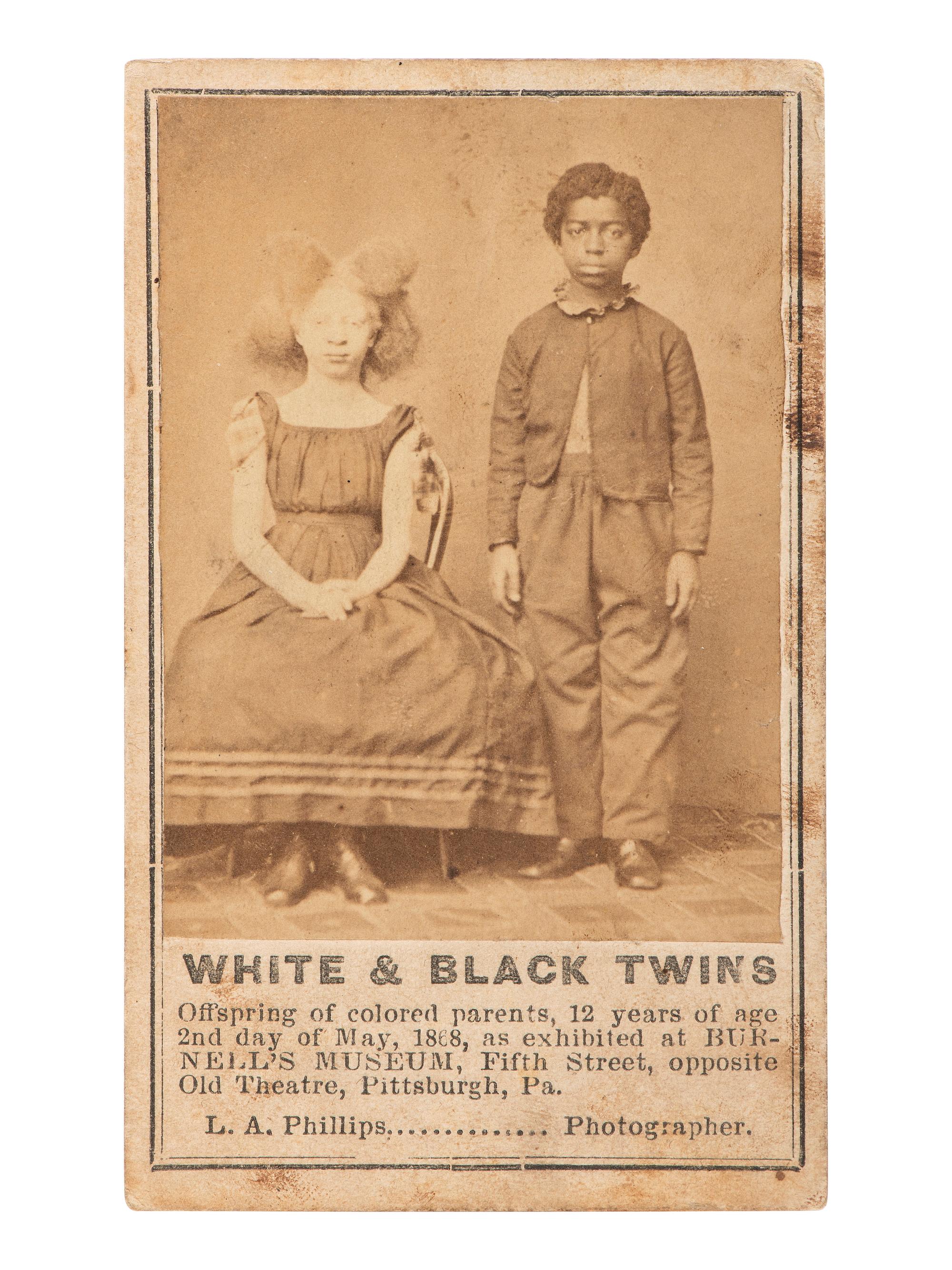 [AFRICAN AMERICANA - EARLY PHOTOGRAPHY]. White and Black Twins . CDV of Hellen Ann Windman Walker and Henry Sedam Walker. Pittsburgh, PA: L.A. Phillips, 1868.