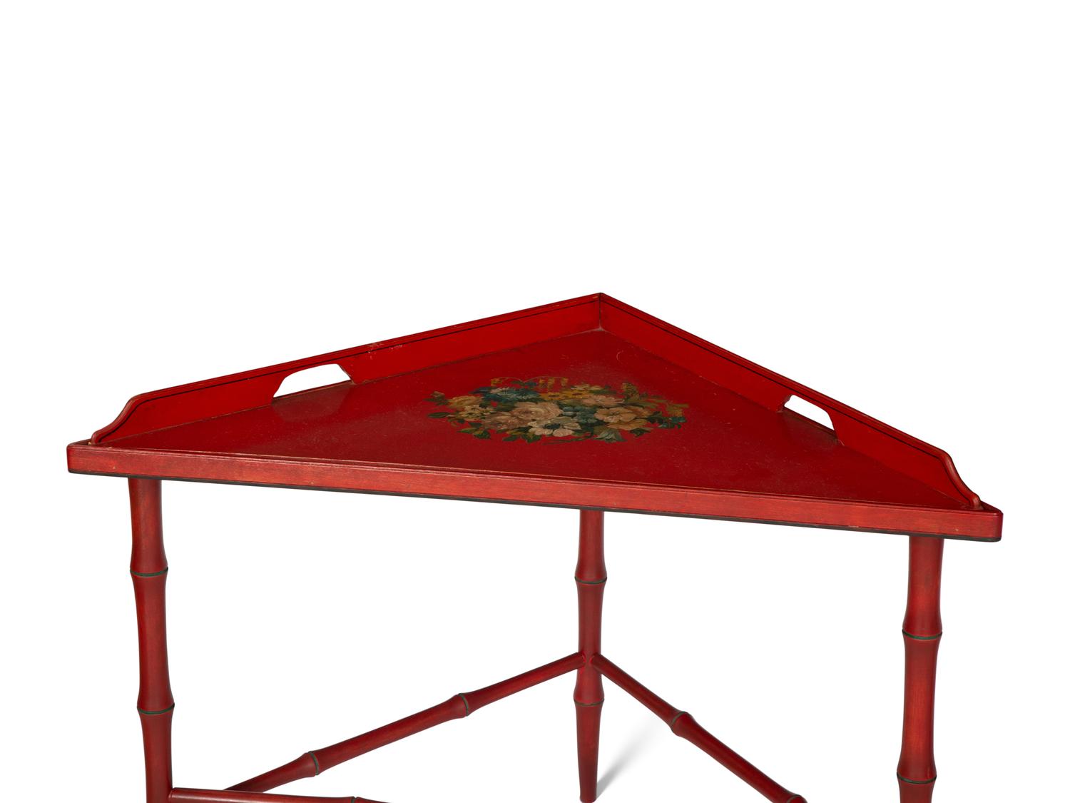 A Red and Polychrome-Painted Three-Part Low Table