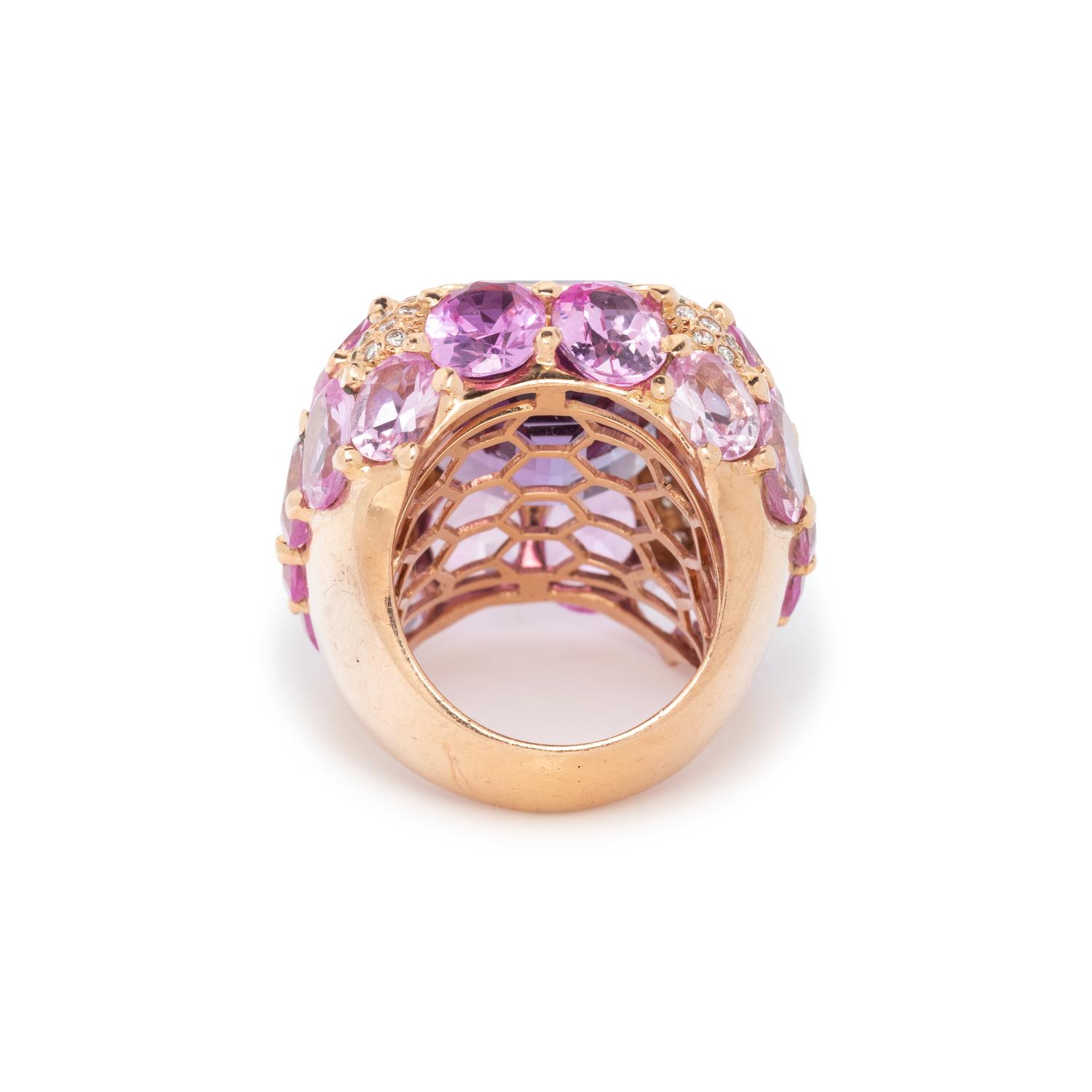 AMETHYST, SYNTHETIC PINK SAPPHIRE, AND DIAMOND RING