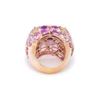 AMETHYST, SYNTHETIC PINK SAPPHIRE, AND DIAMOND RING