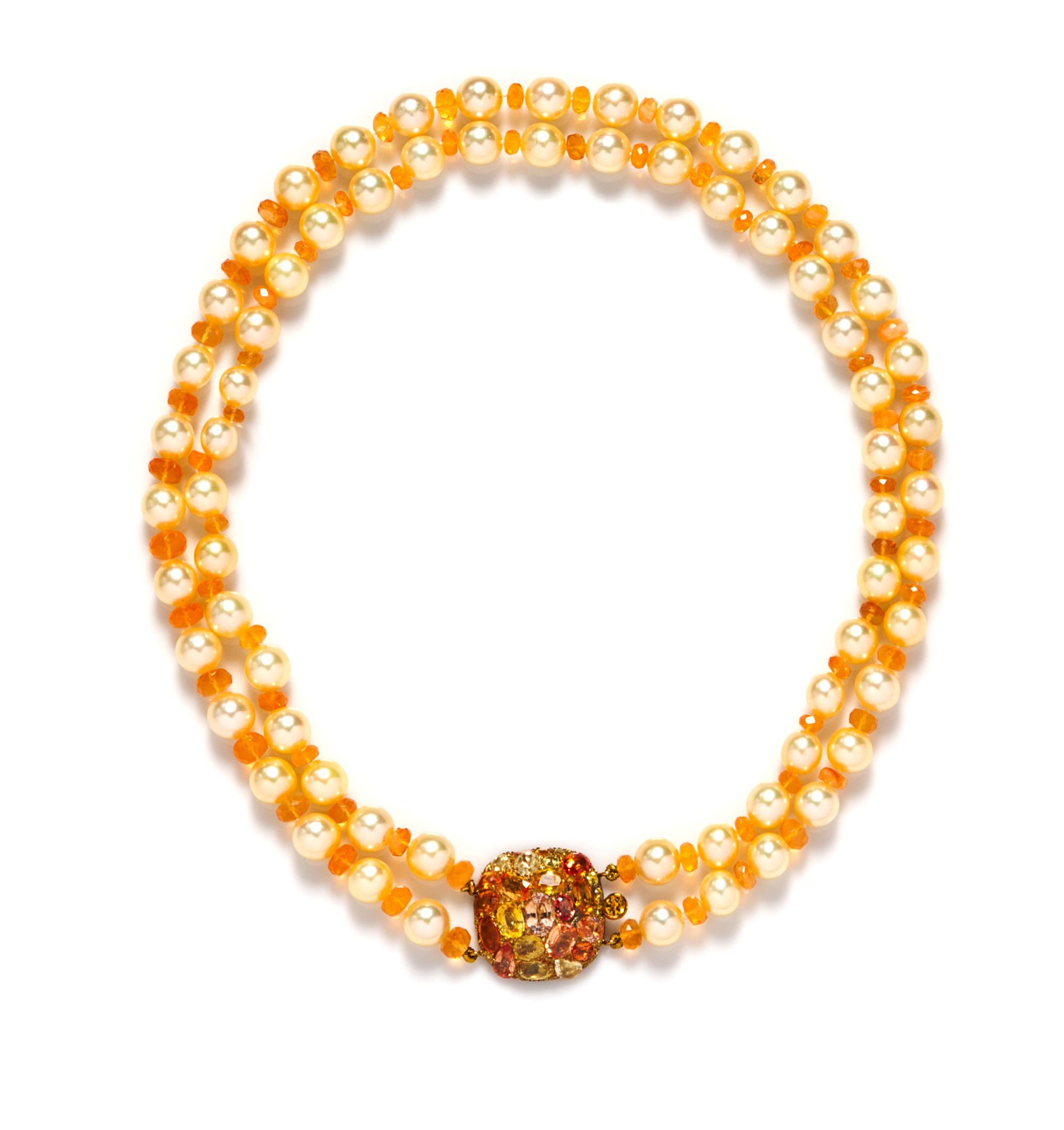 An 18 Karat Yellow Gold, Cultured Pearl, Fire Opal and Fancy Sapphire Double Strand Necklace, Dorota, 55.70 dwts.