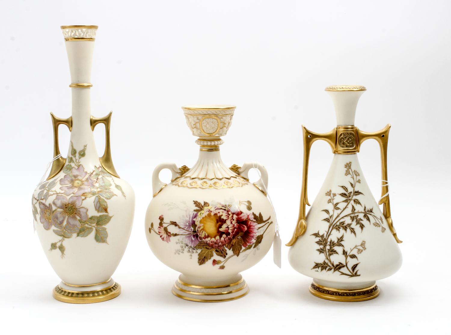 Three Royal Worcester Porcelain Vases Height of tallest 12 1/2 inches. — 19TH CENTURY