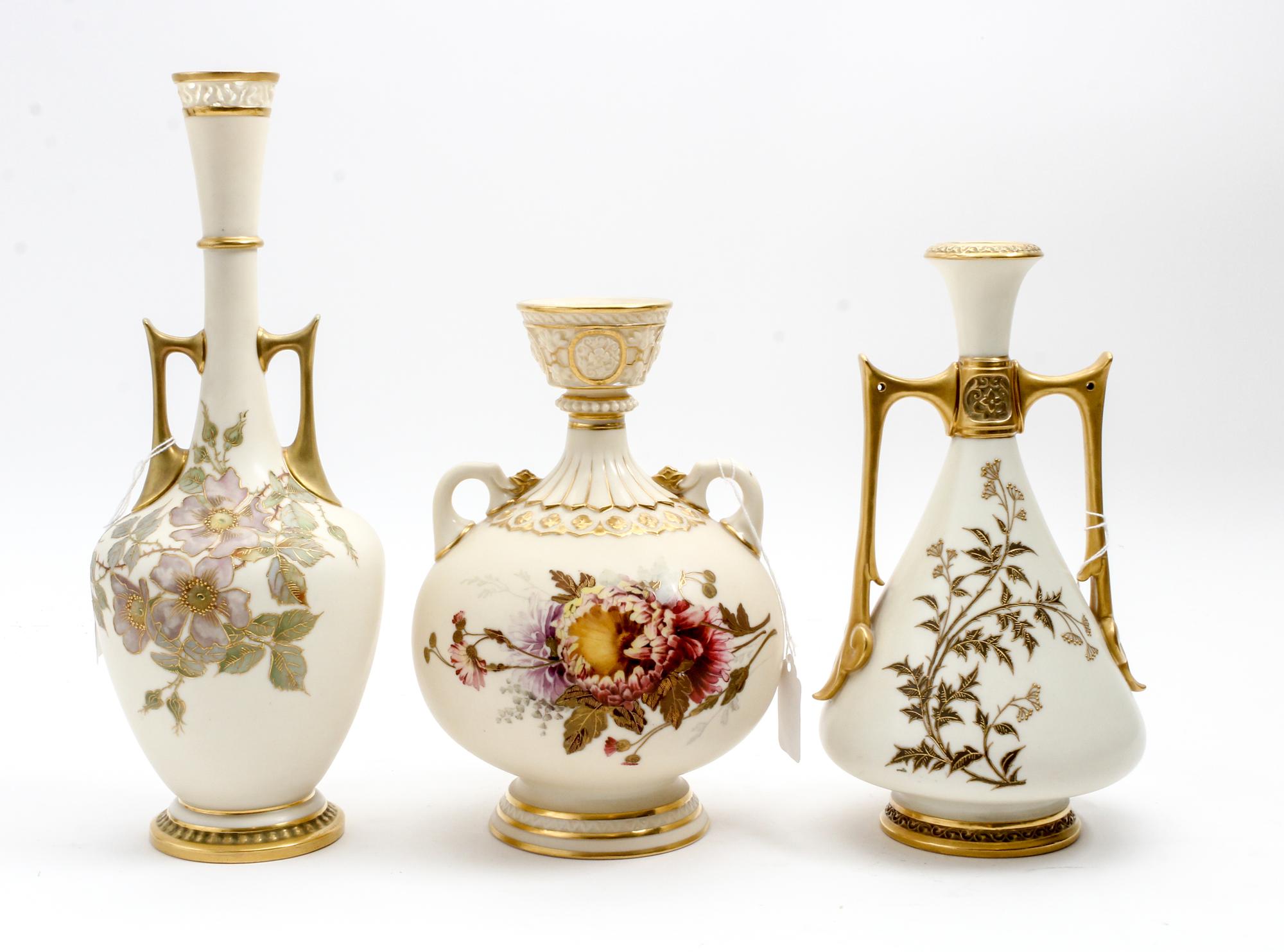 Three Royal Worcester Porcelain Vases Height of tallest 12 1/2 inches. — 19TH CENTURY