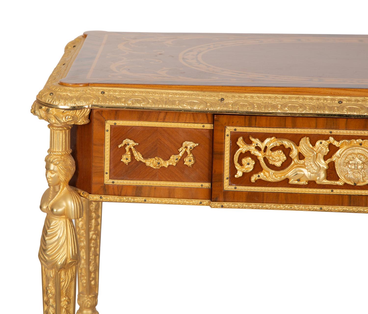 A Louis XVI Style Gilt Bronze Mounted Marquetry Table After the Model by Adam Weisweiler