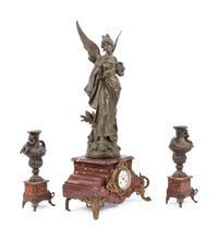 A French Cast Metal and Marble Clock Garniture