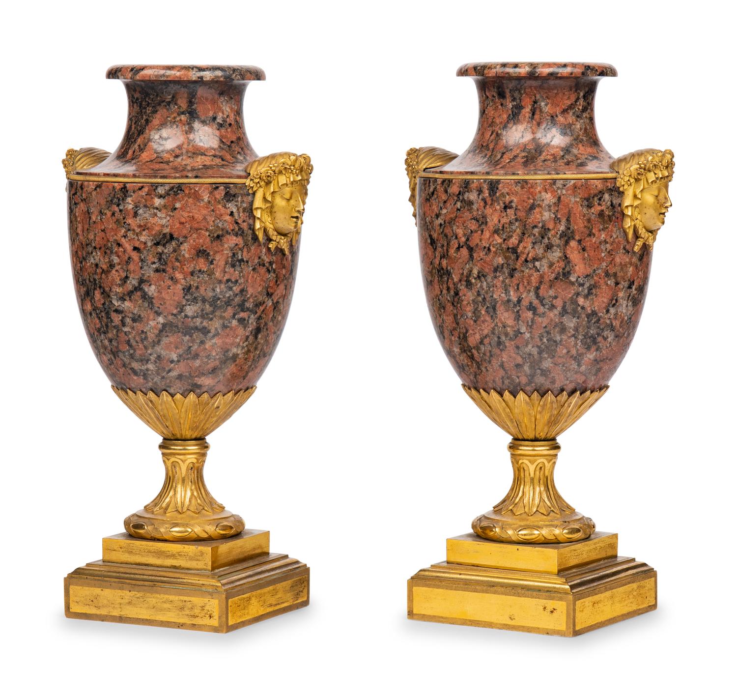 A Pair of Louis XVI Gilt Bronze Mounted Granito Rosso Vases