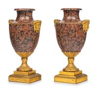 A Pair of Louis XVI Gilt Bronze Mounted Granito Rosso Vases