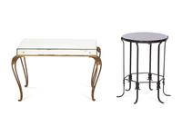 A Mirror and Brass Low Table and Associated Blue Glass and Wrought Iron Occasional Table