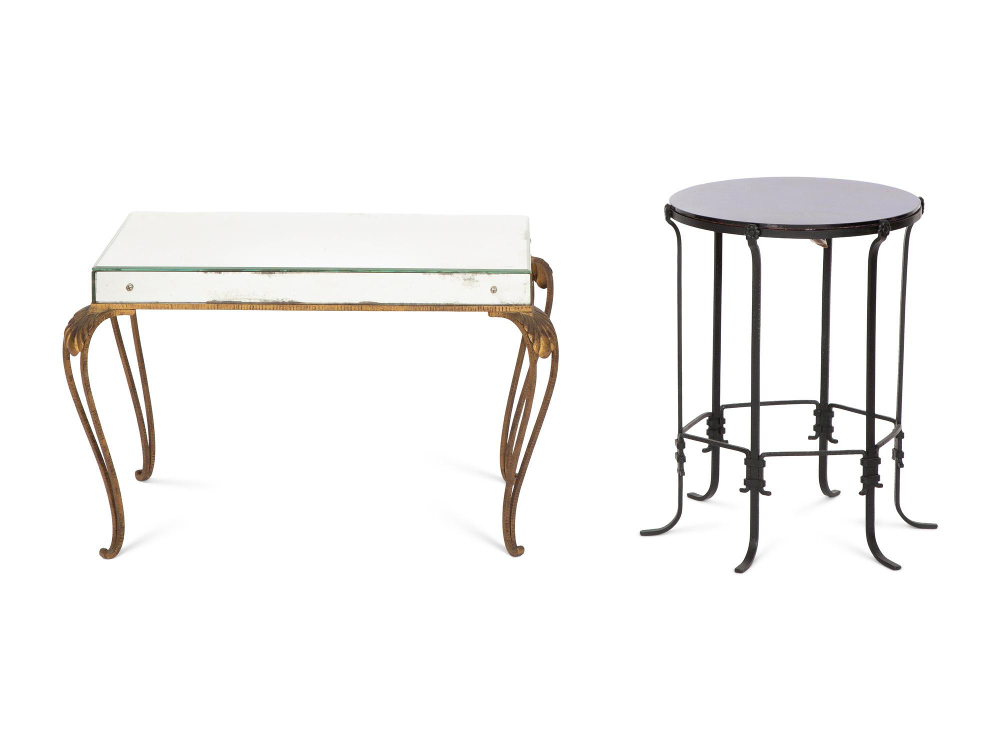 A Mirror and Brass Low Table and Associated Blue Glass and Wrought Iron Occasional Table