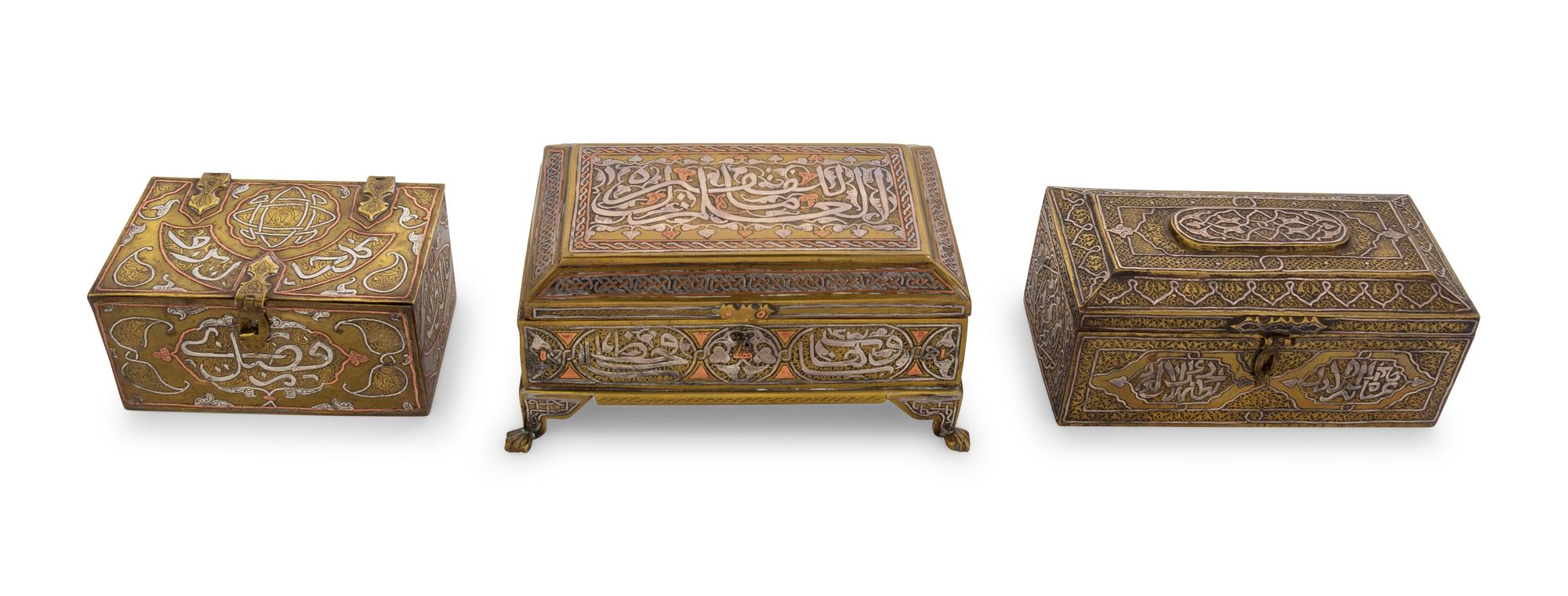 Three Silver Inlaid Brass Table Caskets