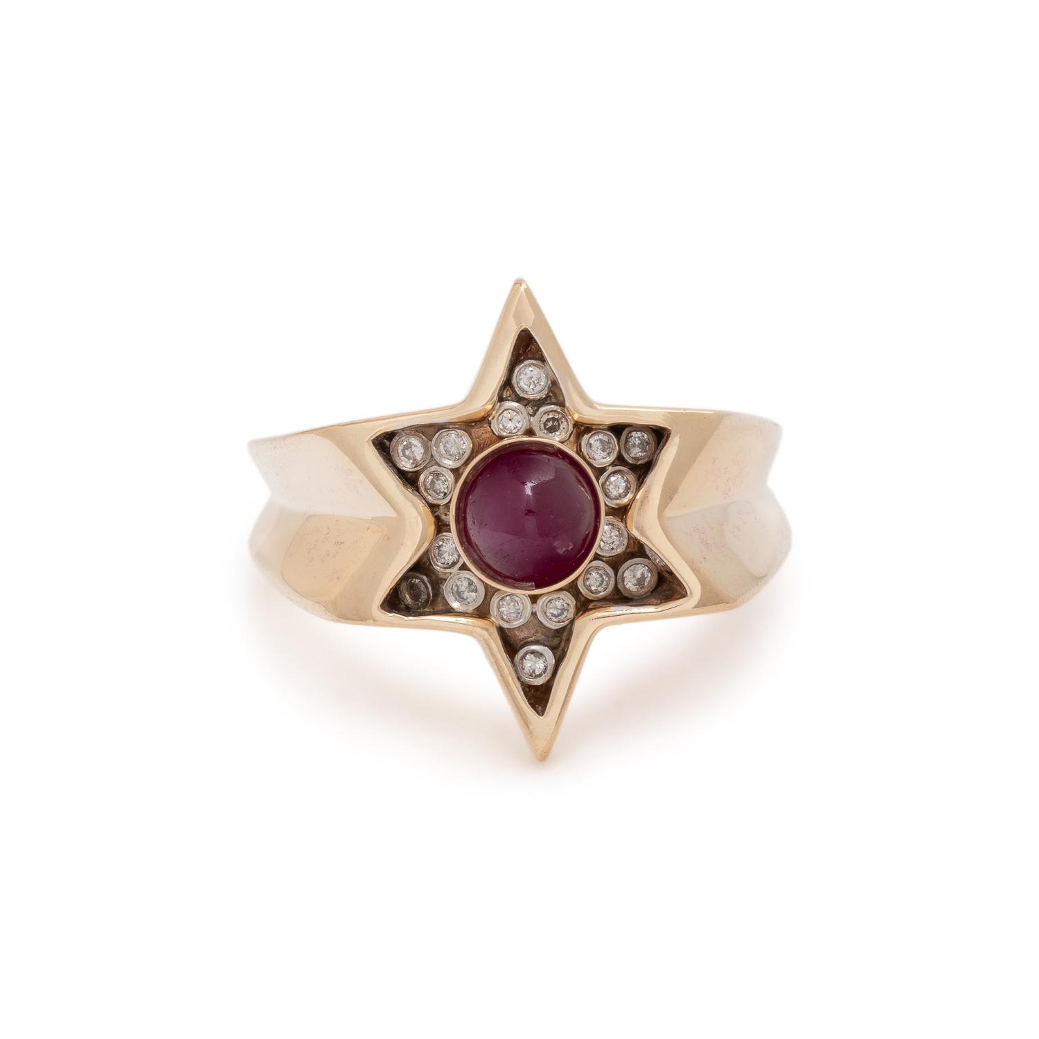 RUBY, DIAMOND, AND YELLOW GOLD STAR RING