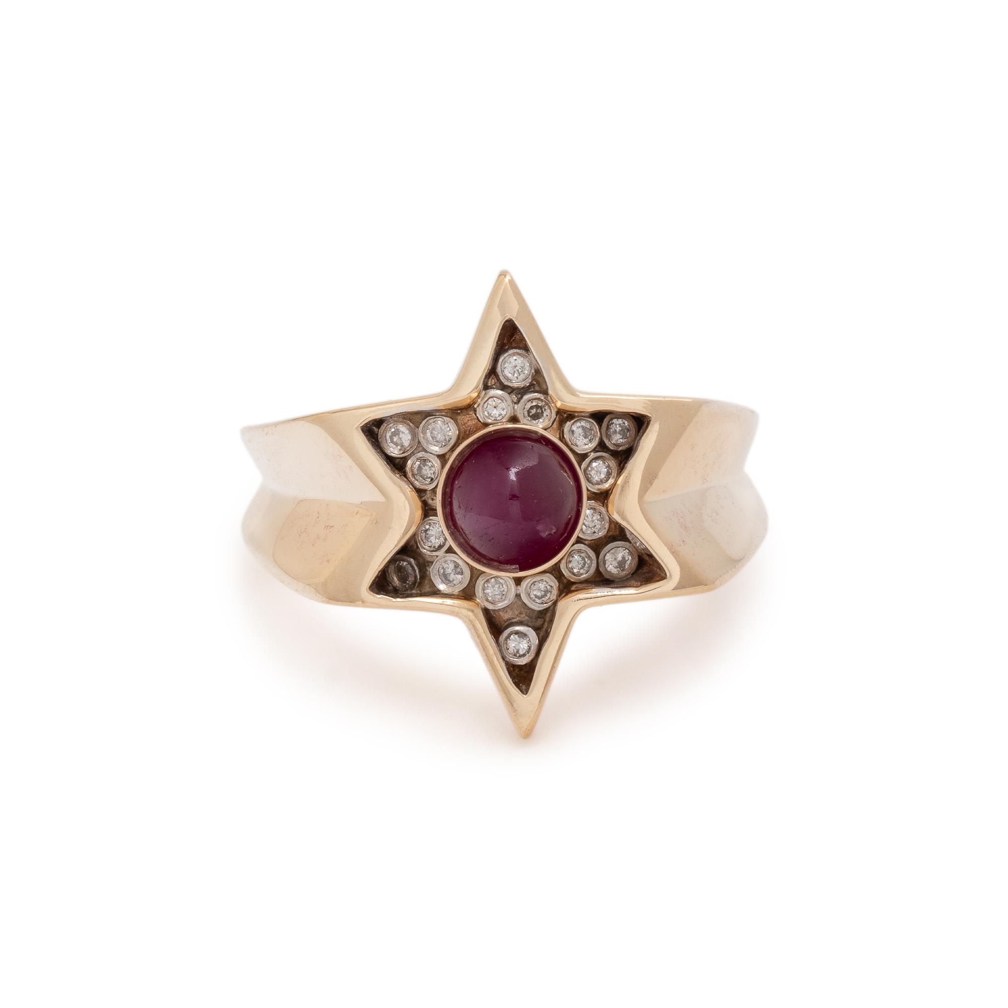 RUBY, DIAMOND, AND YELLOW GOLD STAR RING