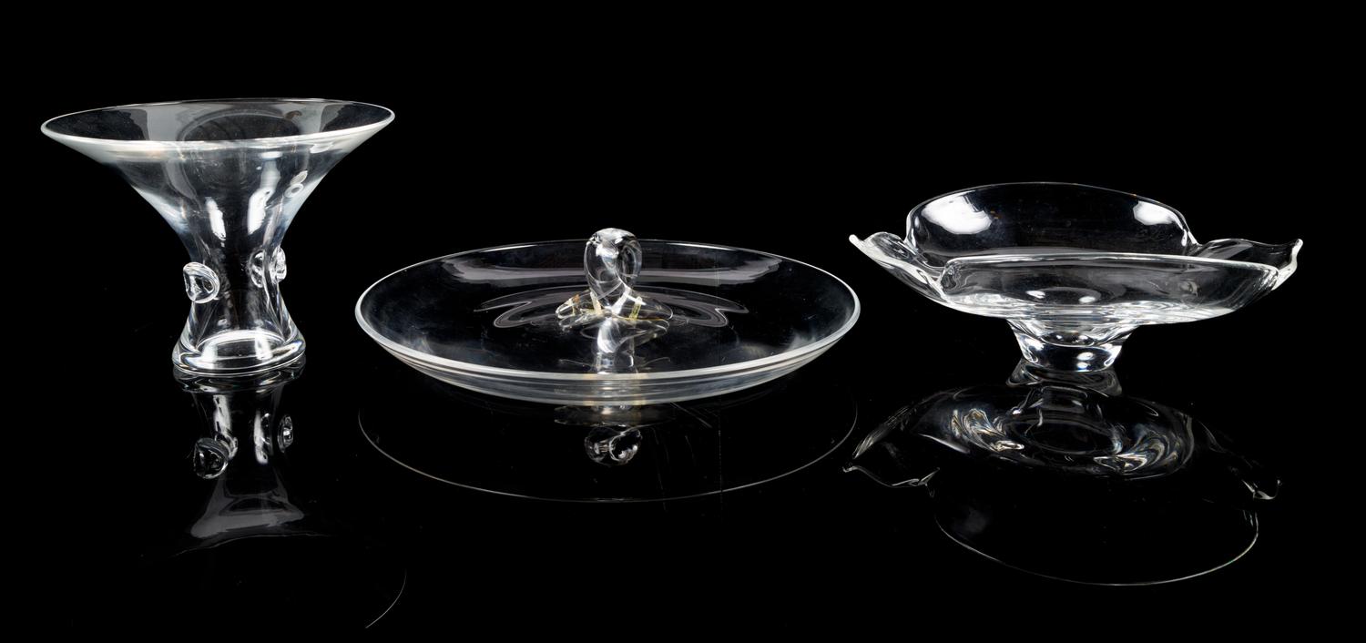 Steuben, a group of three table articles, comprising a petaled bowl, a centerpiece, and a vase