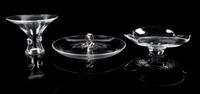 Steuben, a group of three table articles, comprising a petaled bowl, a centerpiece, and a vase
