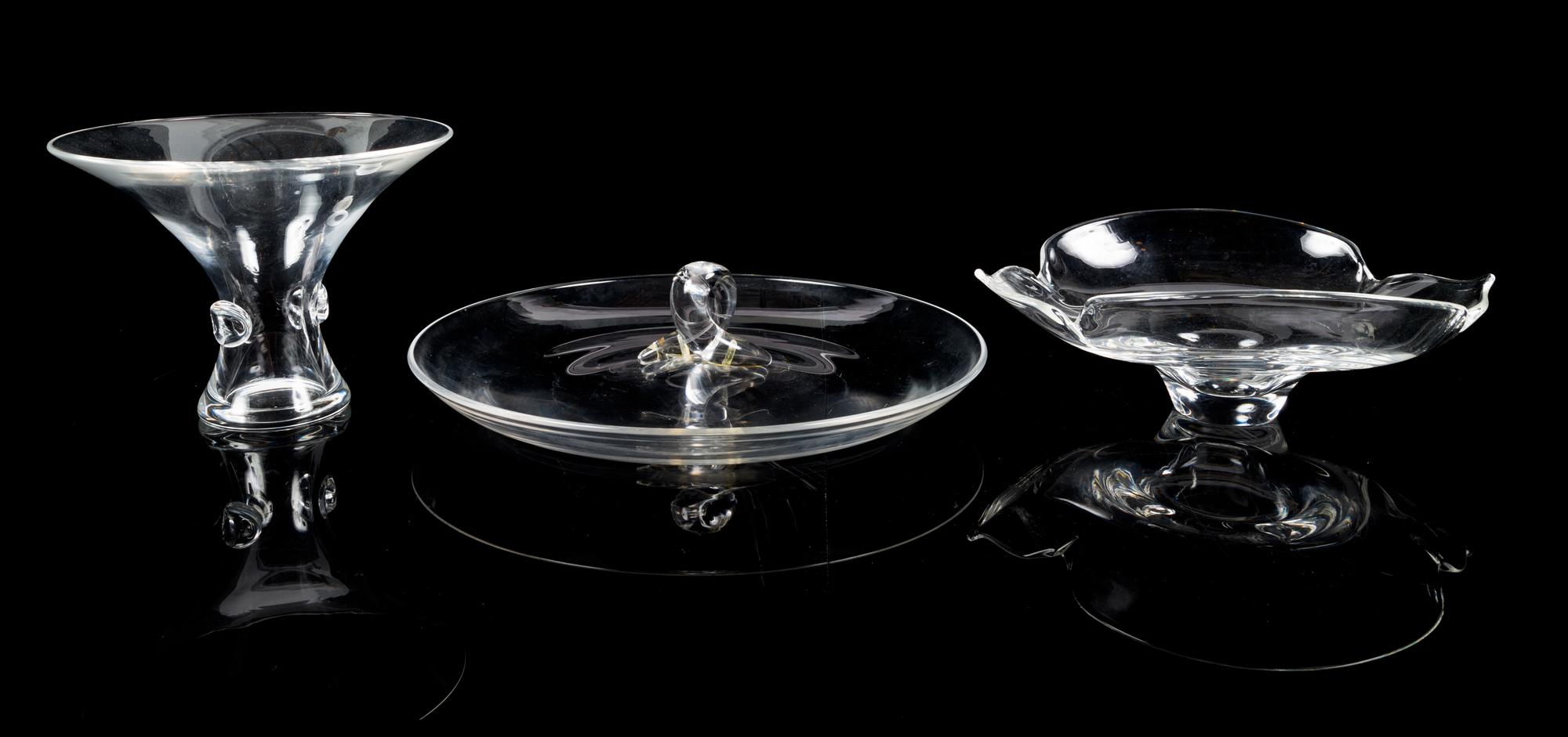 Steuben, a group of three table articles, comprising a petaled bowl, a centerpiece, and a vase