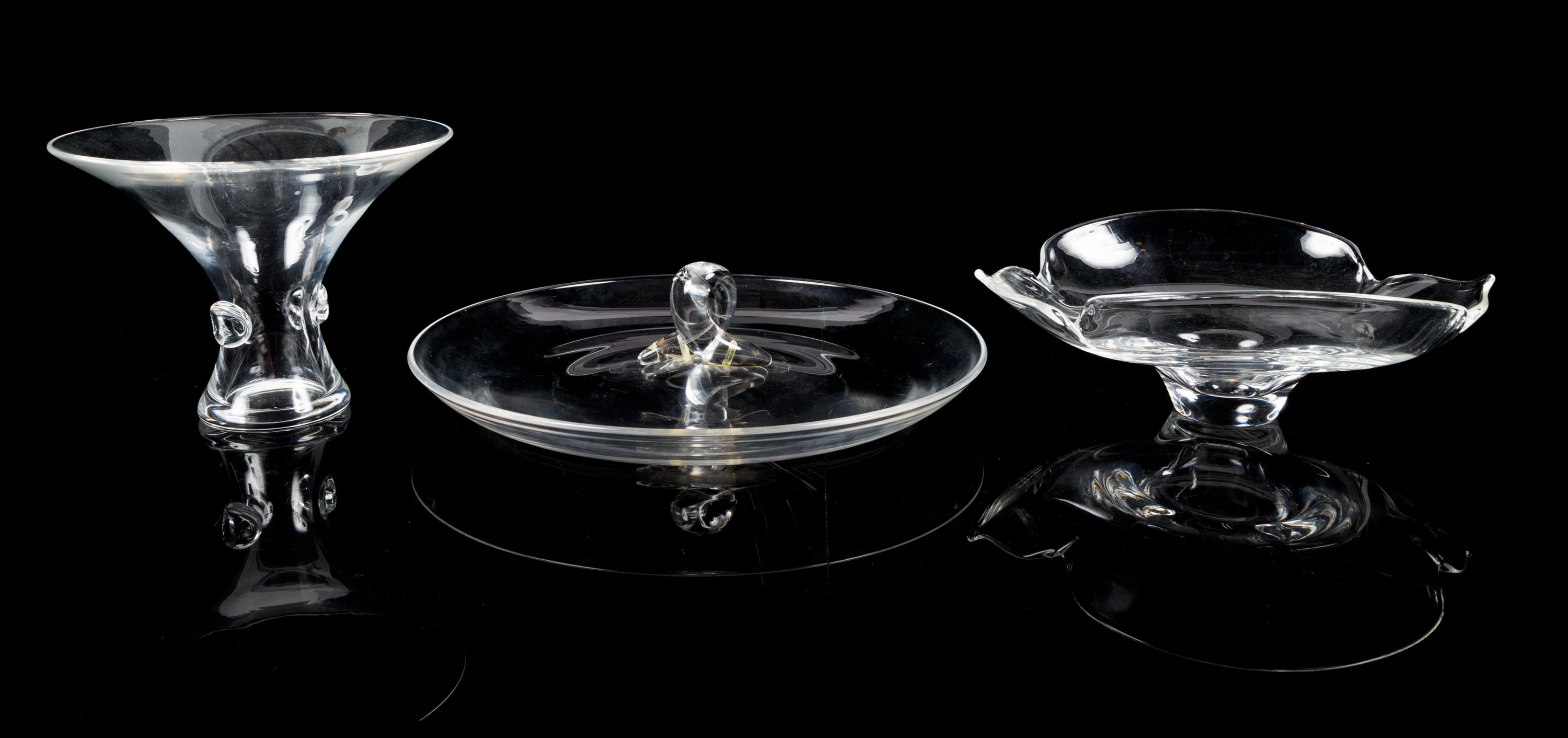 Steuben, a group of three table articles, comprising a petaled bowl, a centerpiece, and a vase