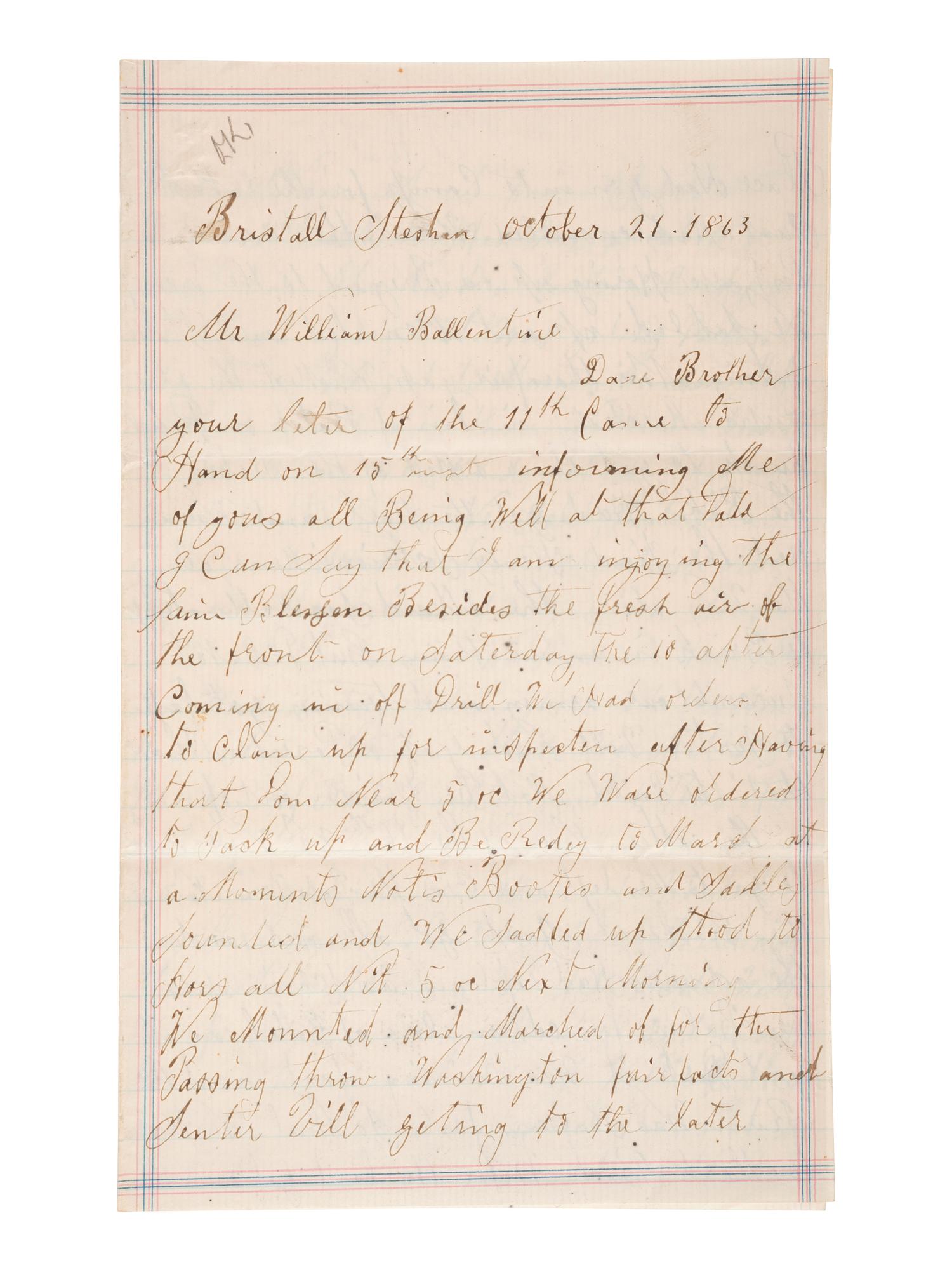 [CIVIL WAR]. Manuscript archive of Sergeant Hamilton Ballentine (1833-1920), Co. K, 6th Pennsylvania Cavalry, "Rush's Lancers," featuring battle content from key engagements and descriptions of "Sheridan's Raiders."
